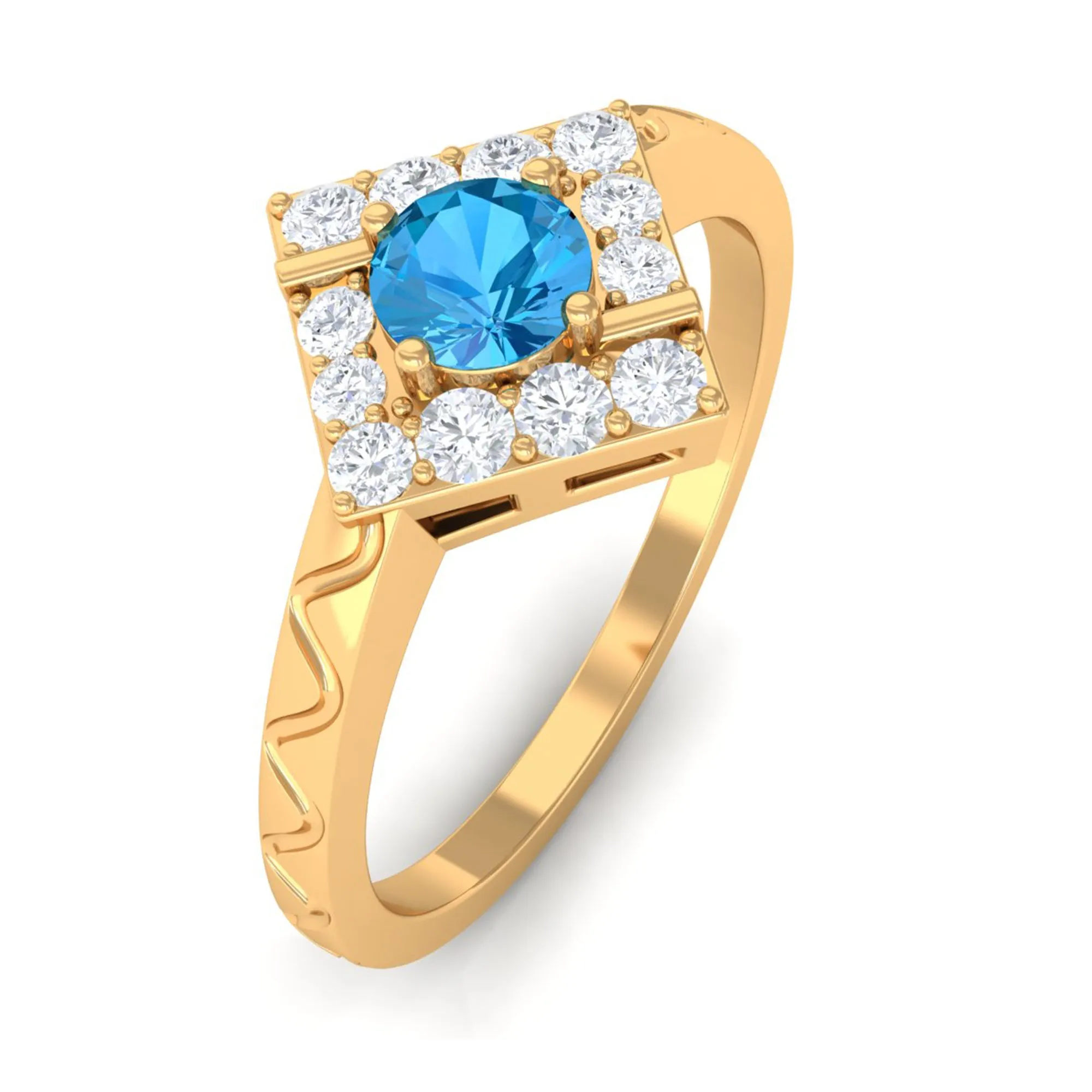 0.50 CT Swiss Blue Topaz Minimal Textured Ring with Diamond