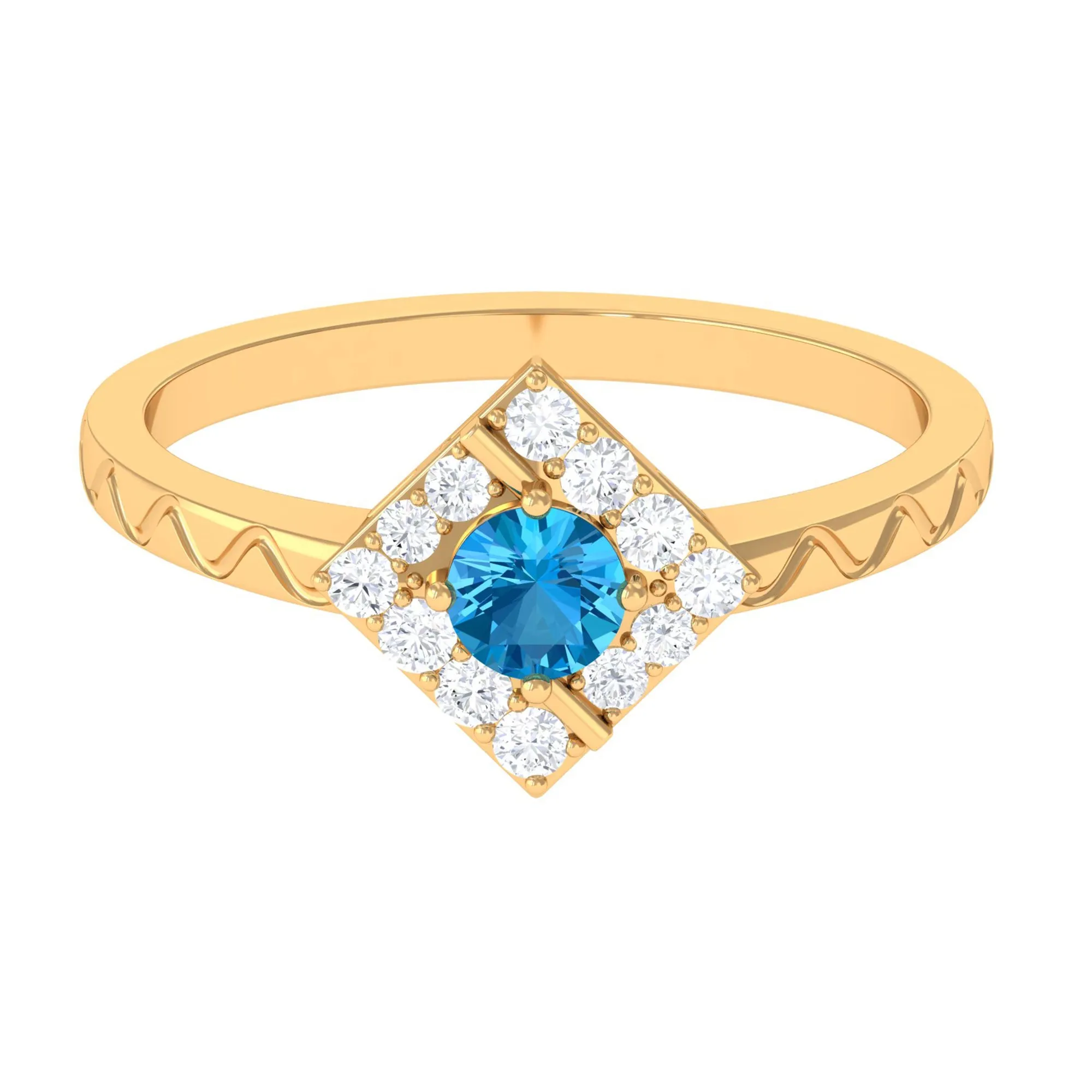 0.50 CT Swiss Blue Topaz Minimal Textured Ring with Diamond