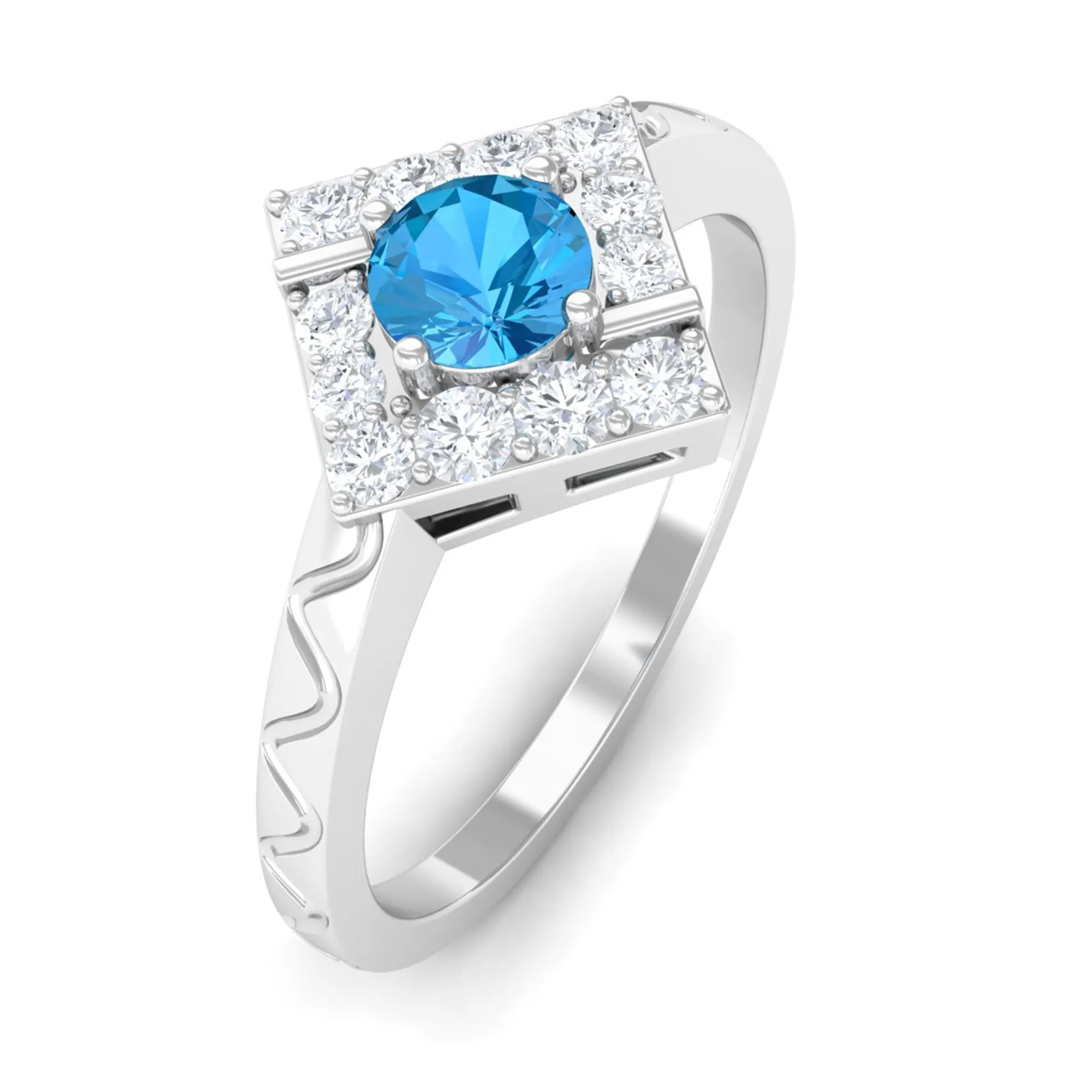 0.50 CT Swiss Blue Topaz Minimal Textured Ring with Diamond