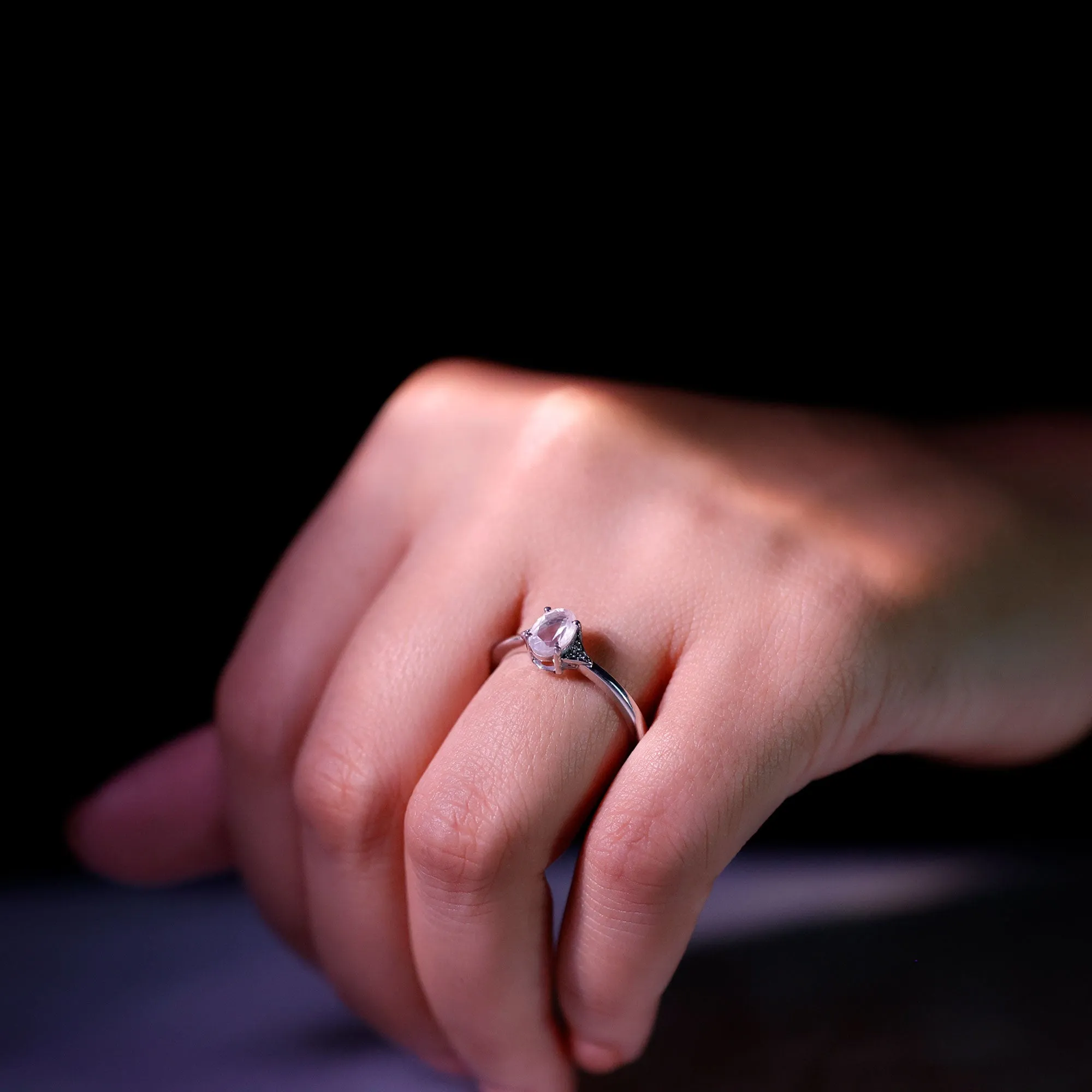 0.75 CT Oval Rose Quartz Solitaire Ring with Diamond Accent