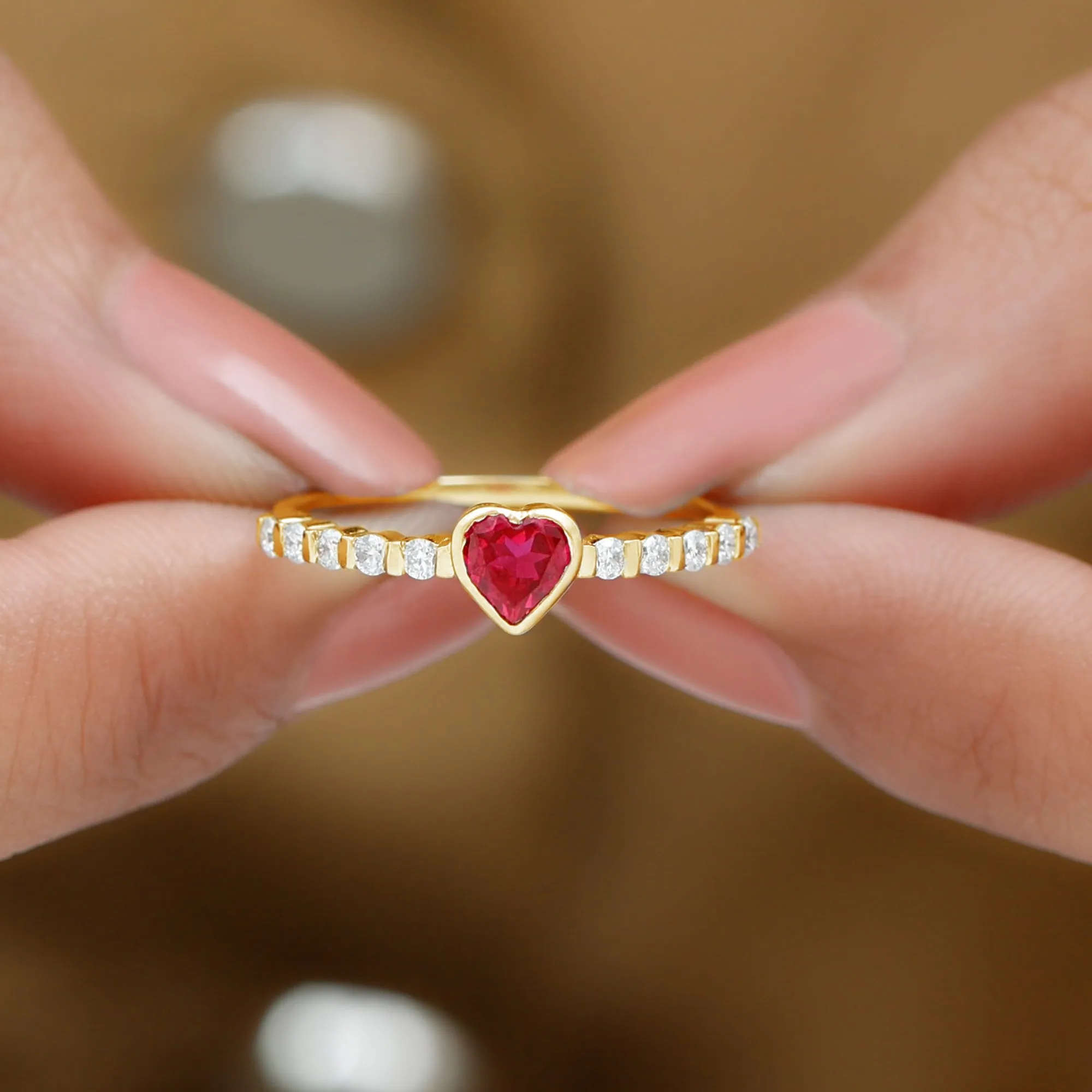 1 CT Heart Shape Created Ruby Solitaire Engagement Ring with Diamond