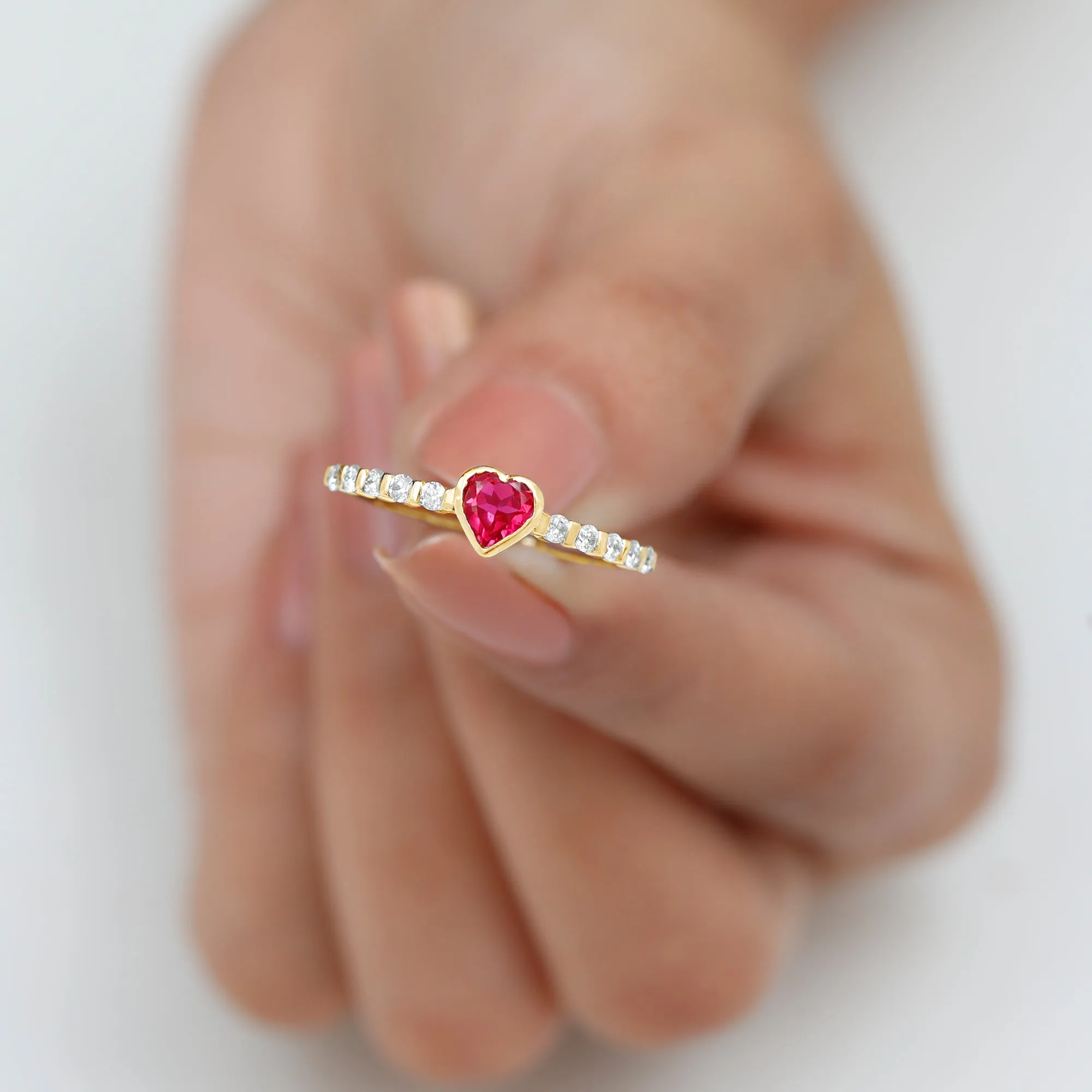 1 CT Heart Shape Created Ruby Solitaire Engagement Ring with Diamond