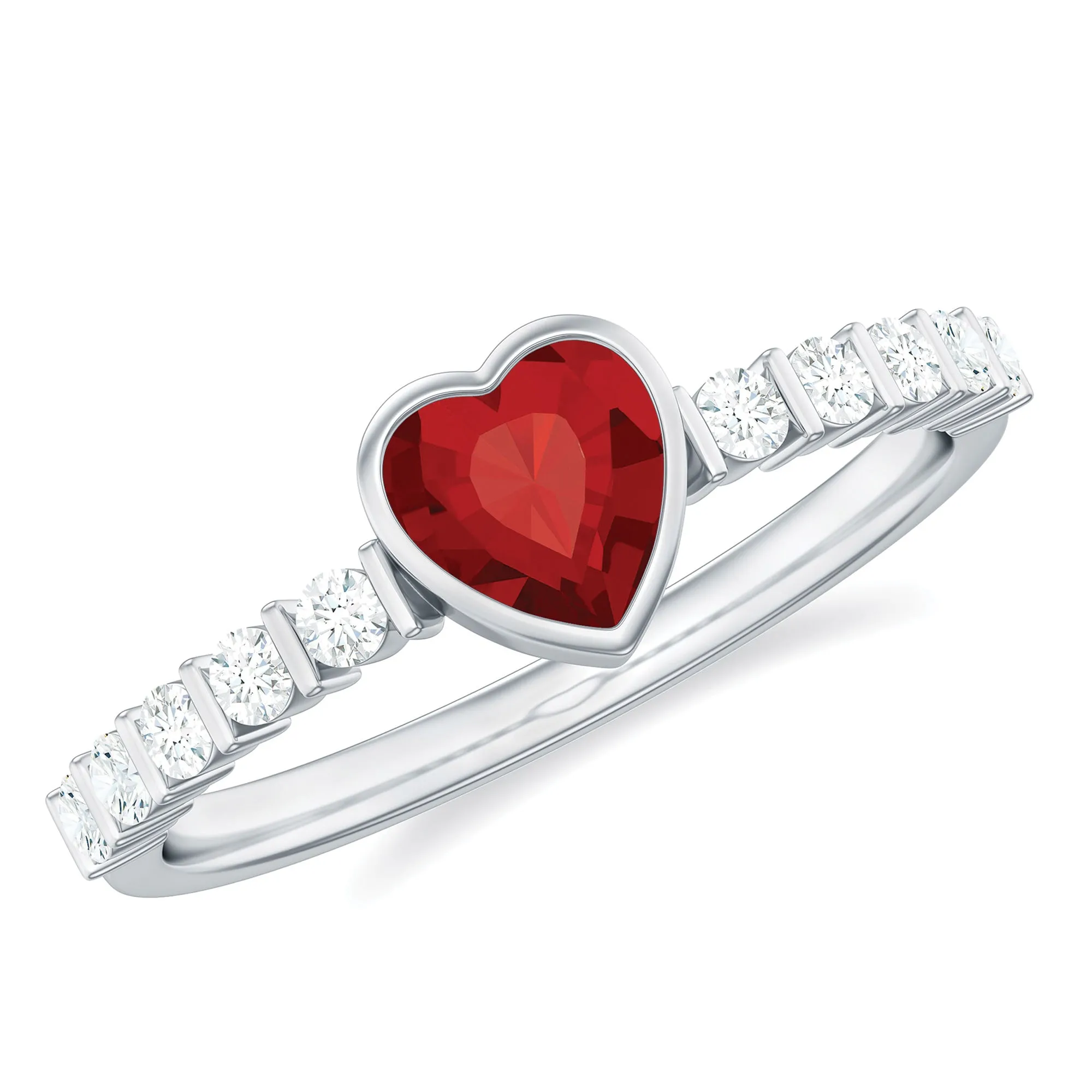 1 CT Heart Shape Created Ruby Solitaire Engagement Ring with Diamond