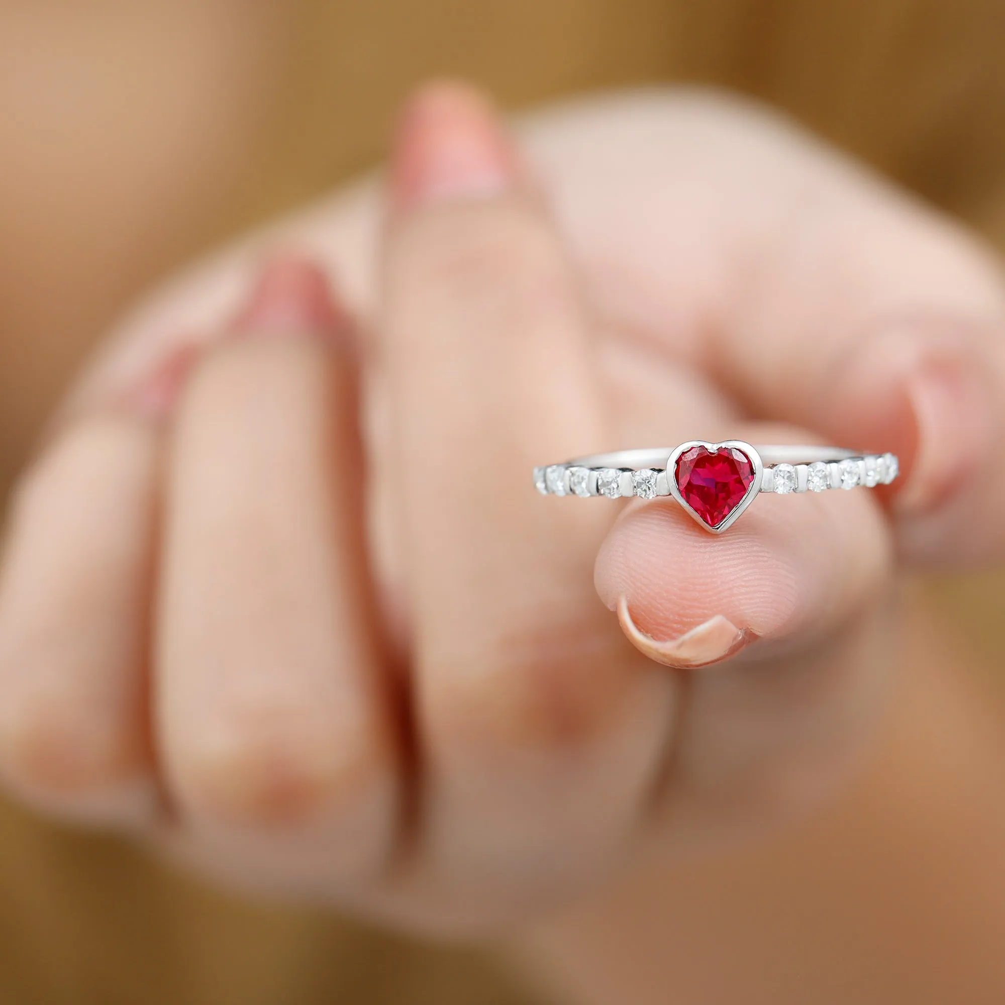 1 CT Heart Shape Created Ruby Solitaire Engagement Ring with Diamond