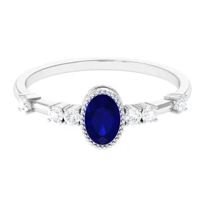 1 CT Oval Cut Blue Sapphire Solitaire Engagement Ring with Diamond