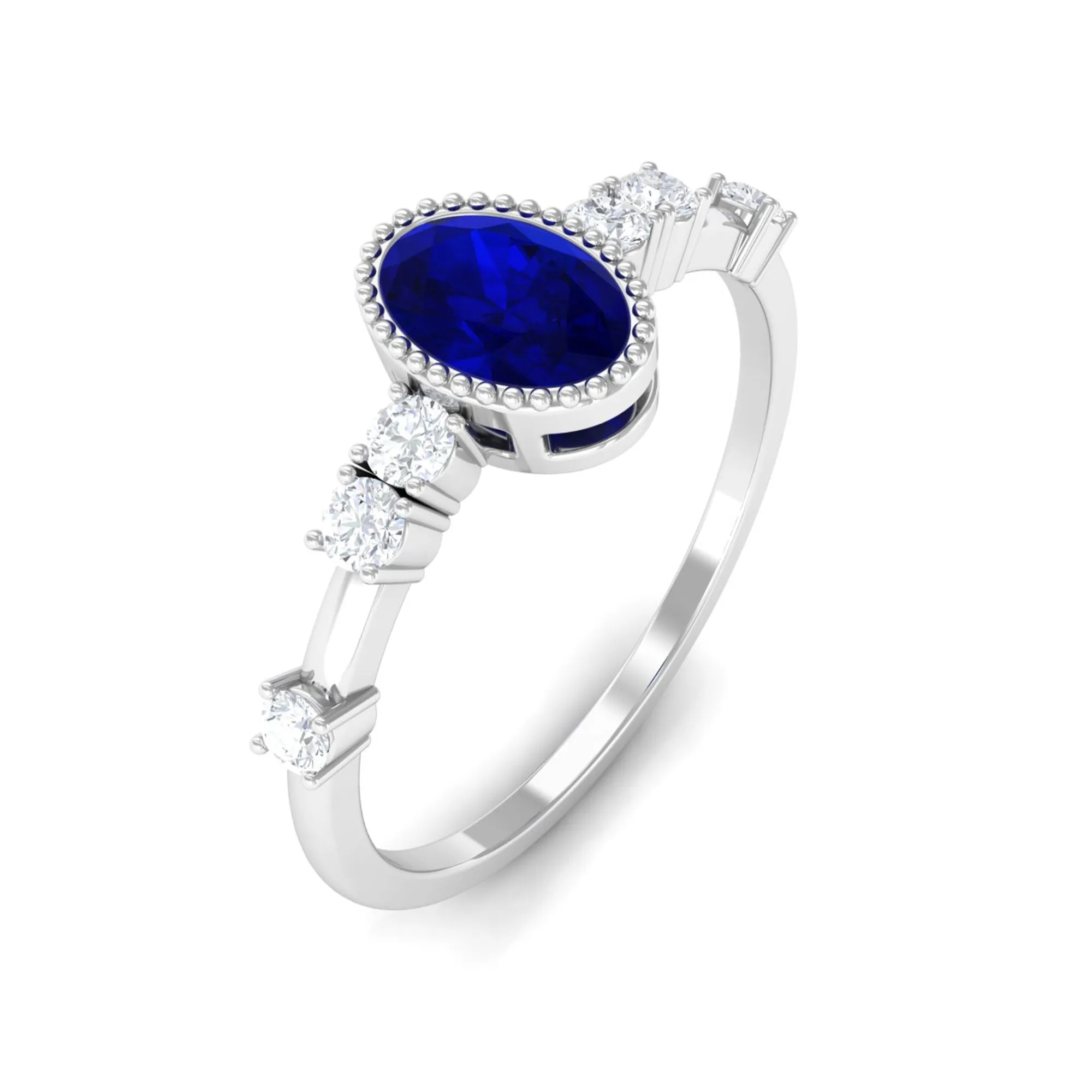 1 CT Oval Cut Blue Sapphire Solitaire Engagement Ring with Diamond