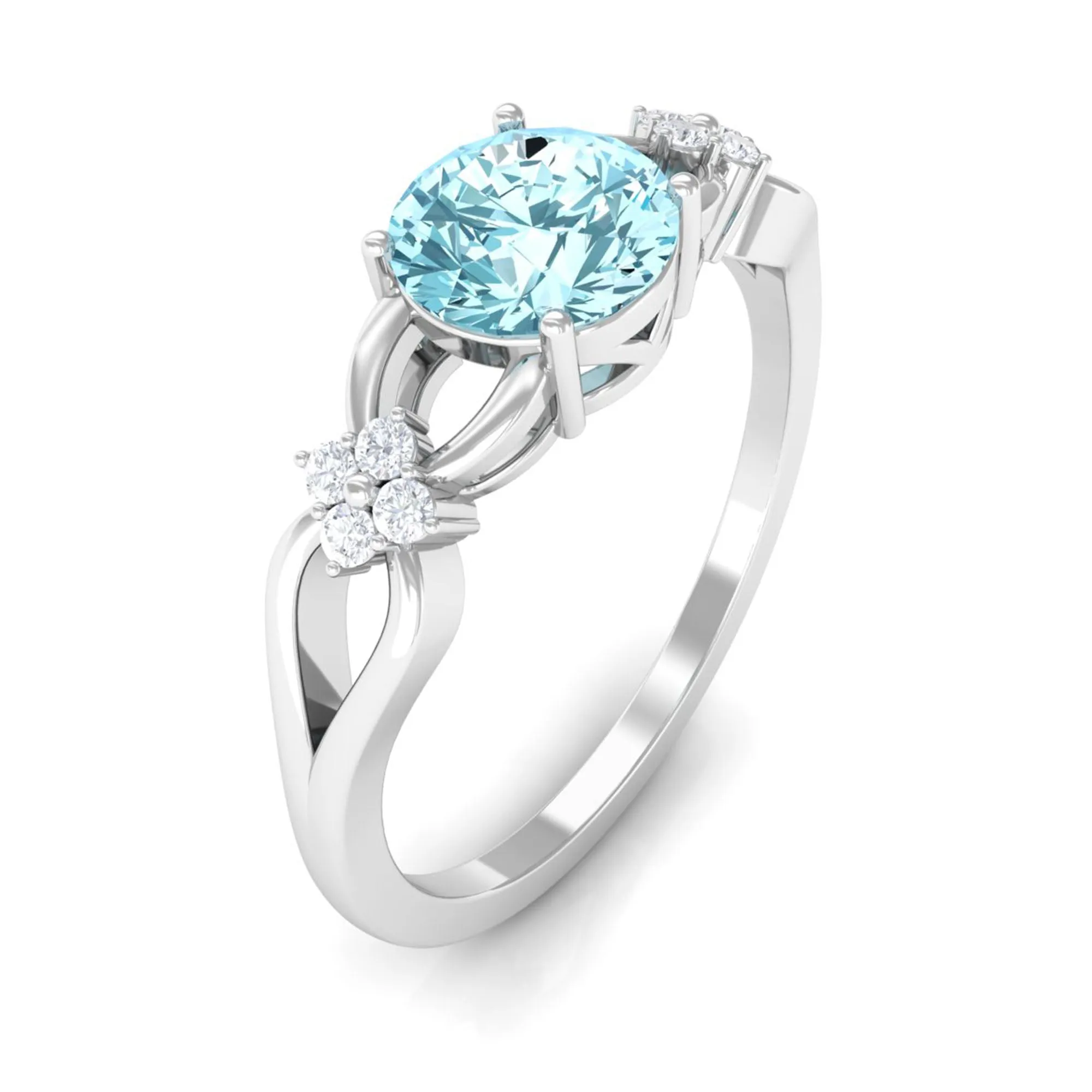 1 CT Pure Aquamarine Floral and Diamond Solitaire Crossover Ring