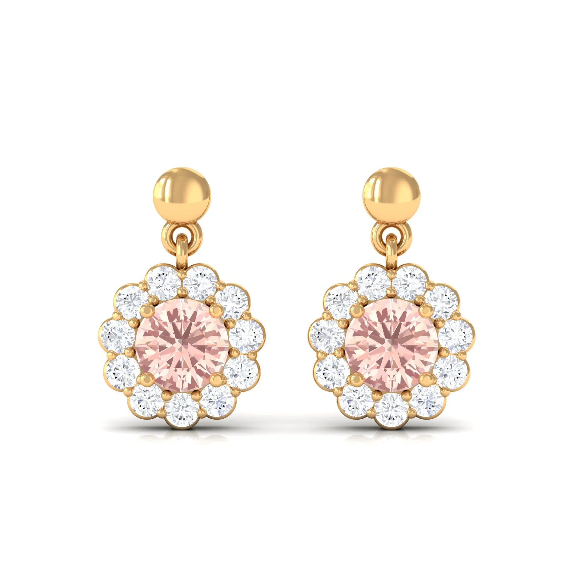 1 CT Real Morganite and Diamond Flower Halo Drop Earrings