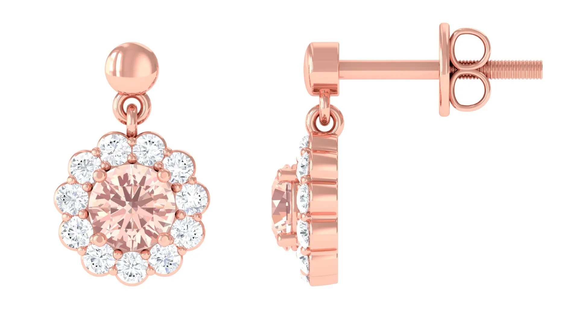 1 CT Real Morganite and Diamond Flower Halo Drop Earrings