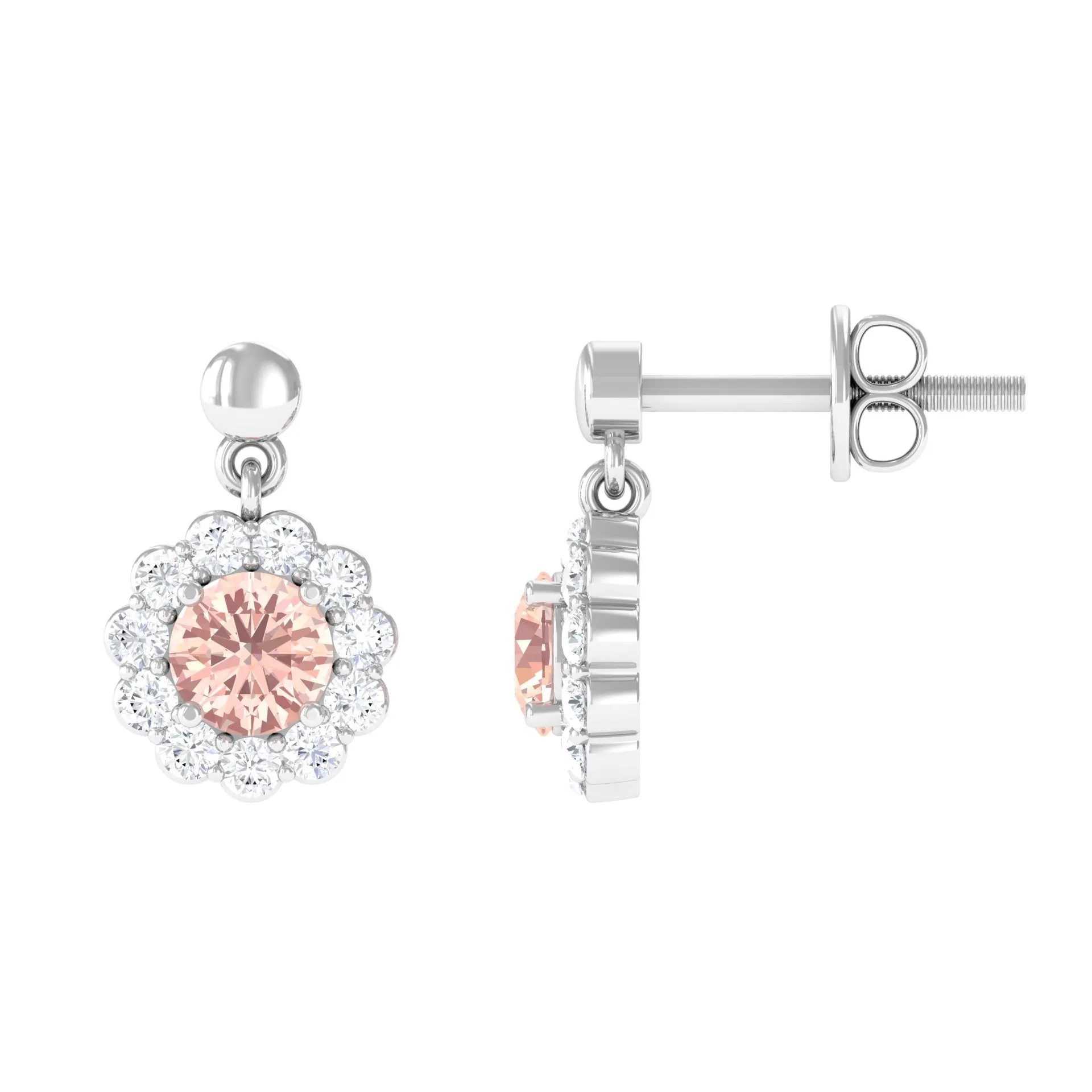 1 CT Real Morganite and Diamond Flower Halo Drop Earrings