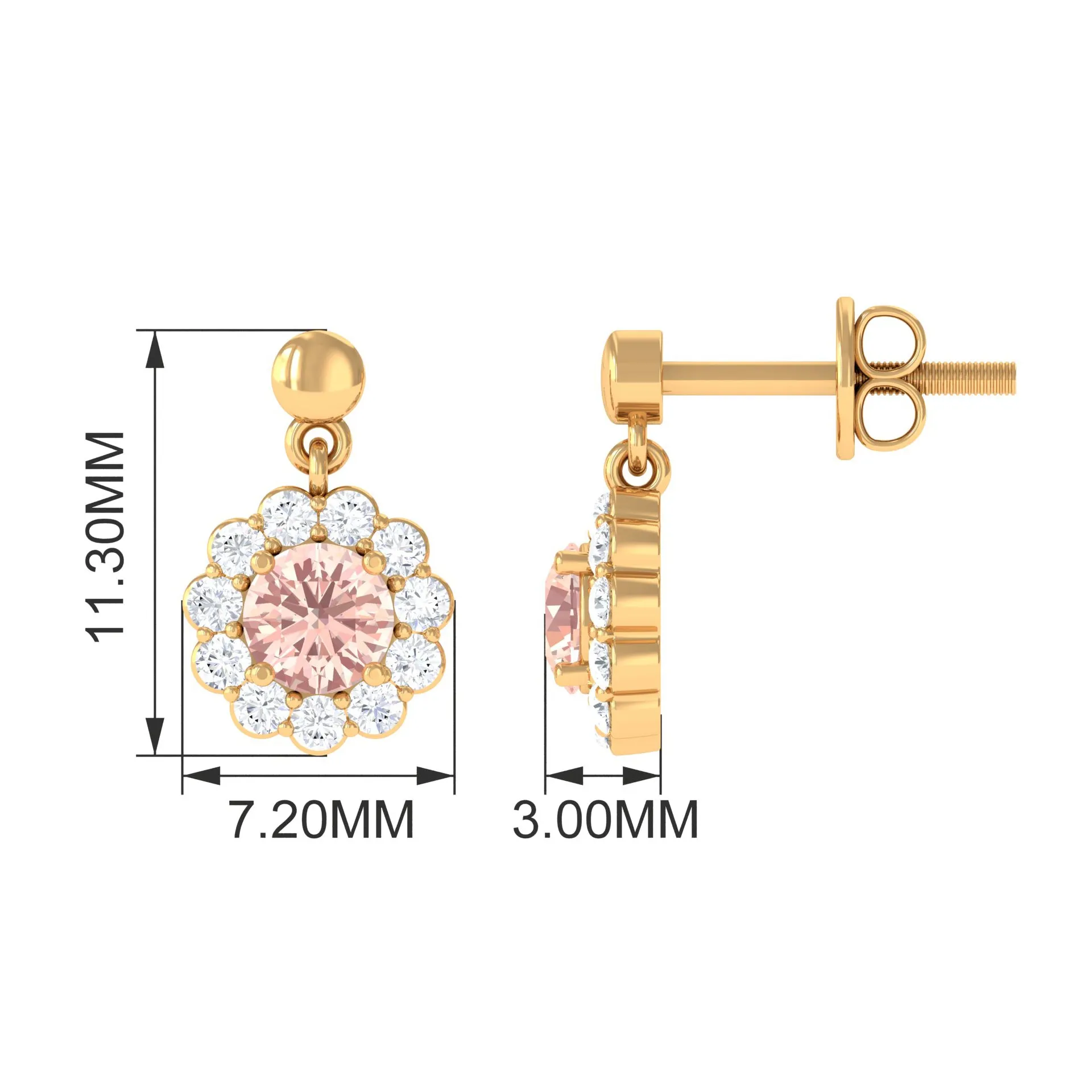 1 CT Real Morganite and Diamond Flower Halo Drop Earrings