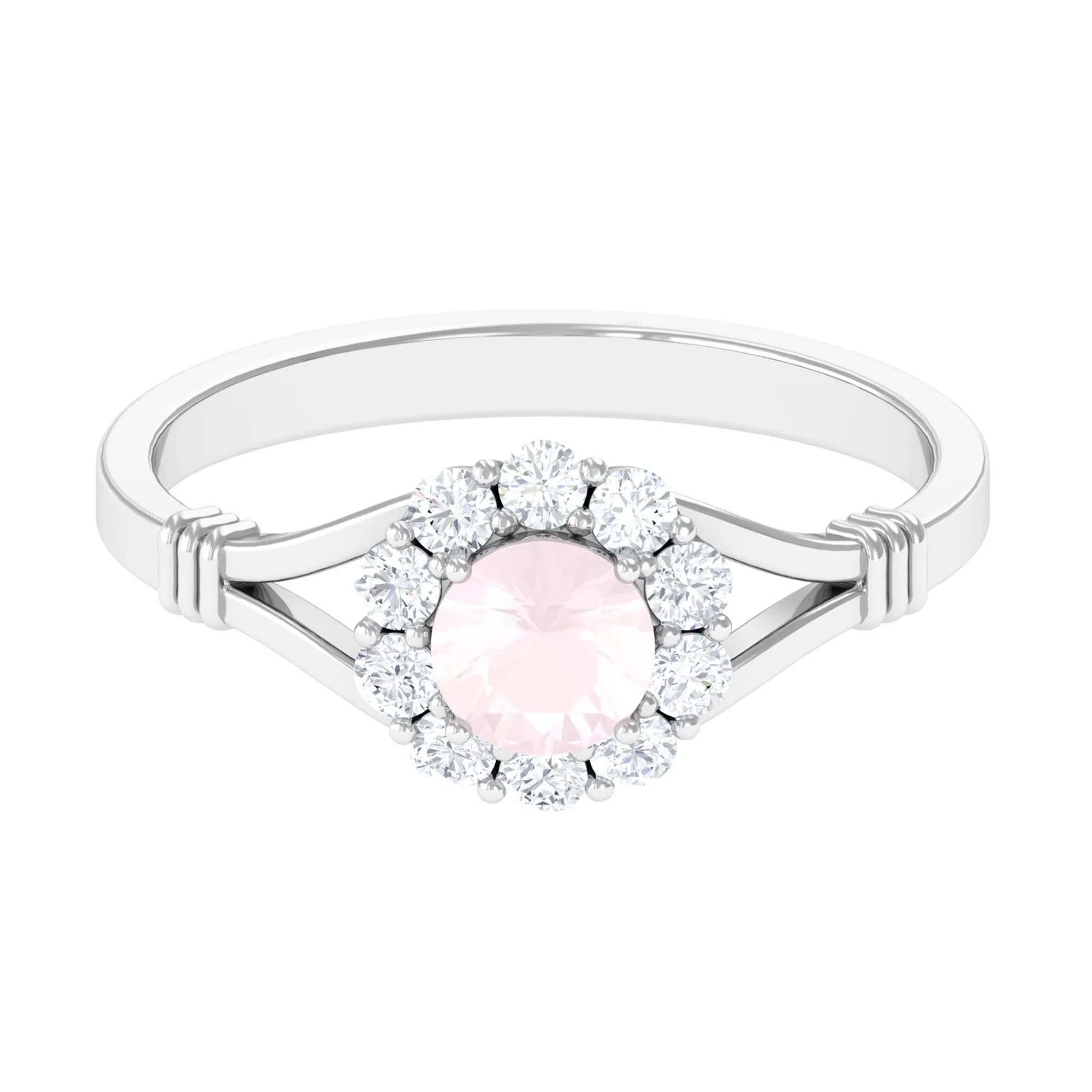 1 CT Rose Quartz Flower Engagement Ring with Diamond Halo in Split Shank