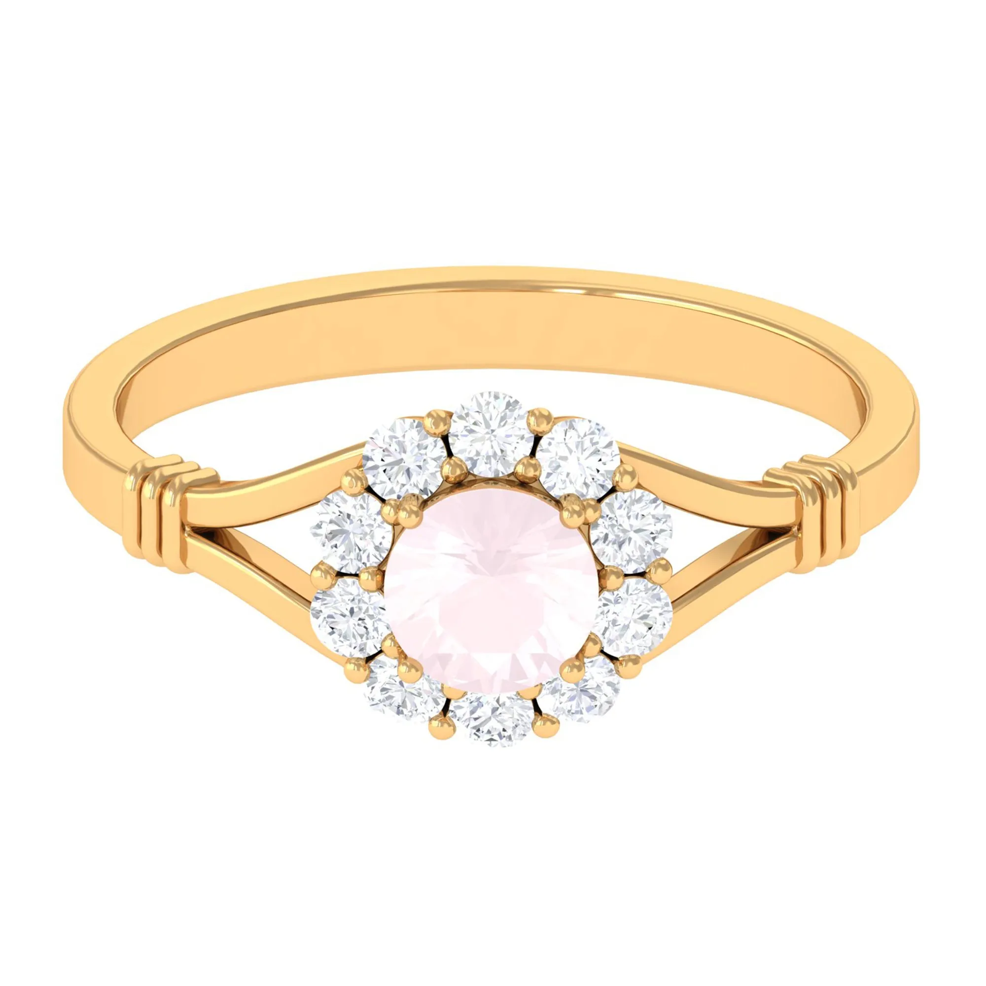 1 CT Rose Quartz Flower Engagement Ring with Diamond Halo in Split Shank