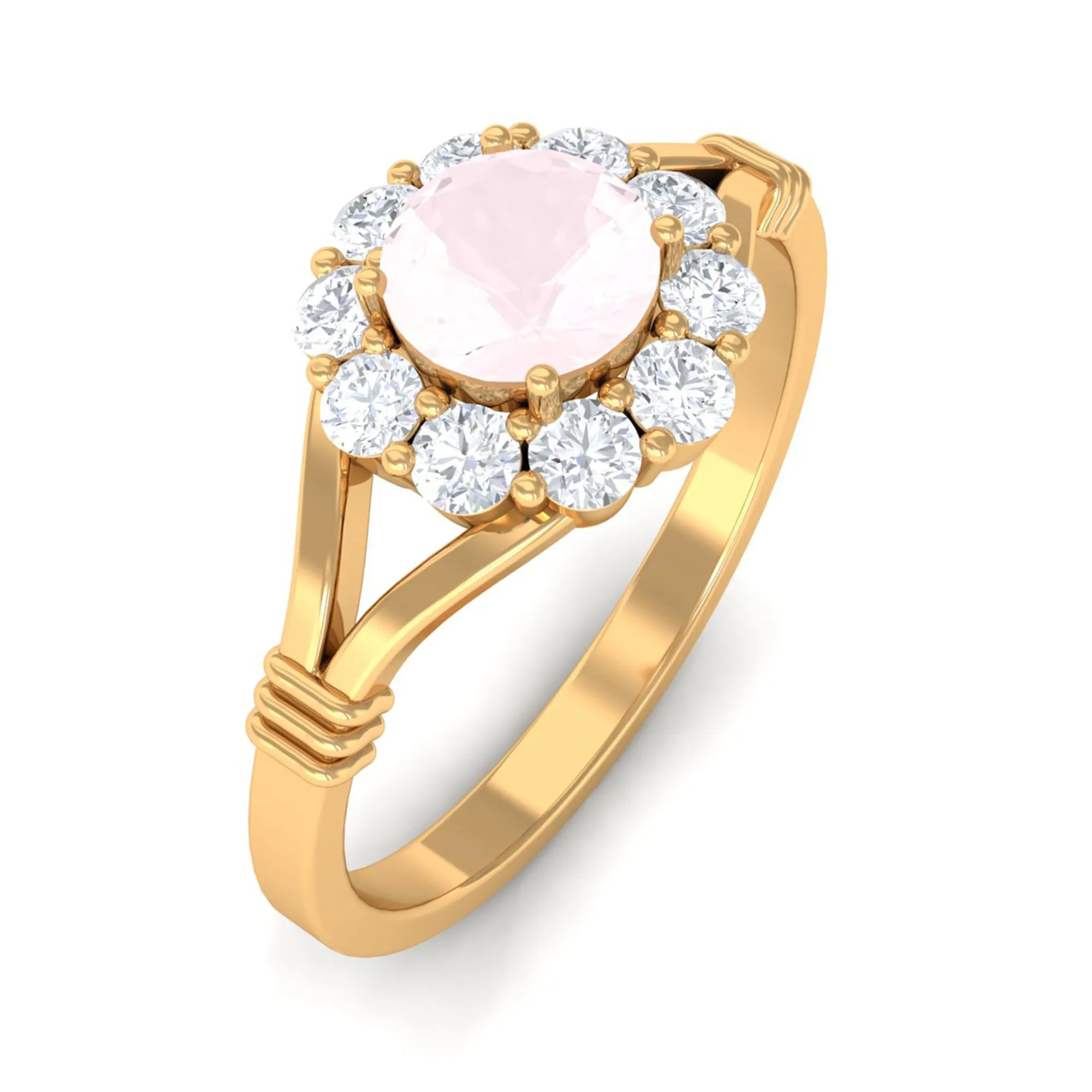 1 CT Rose Quartz Flower Engagement Ring with Diamond Halo in Split Shank