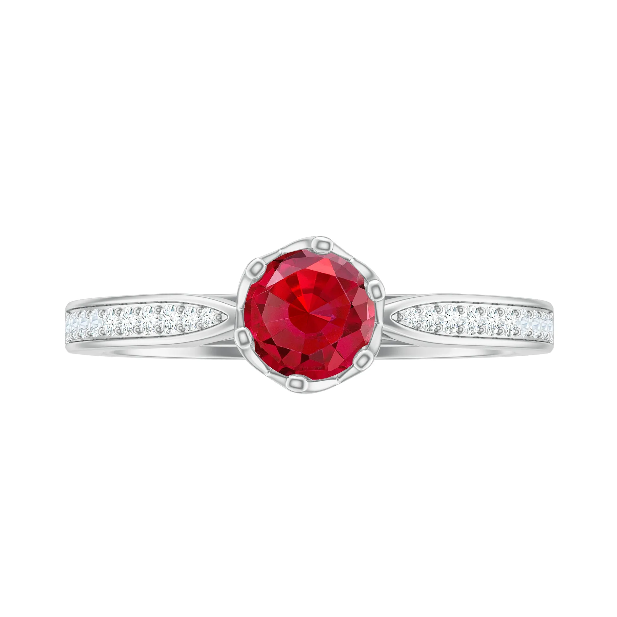 1 CT Round Shape Created Ruby Solitaire Engagement Ring with Diamond