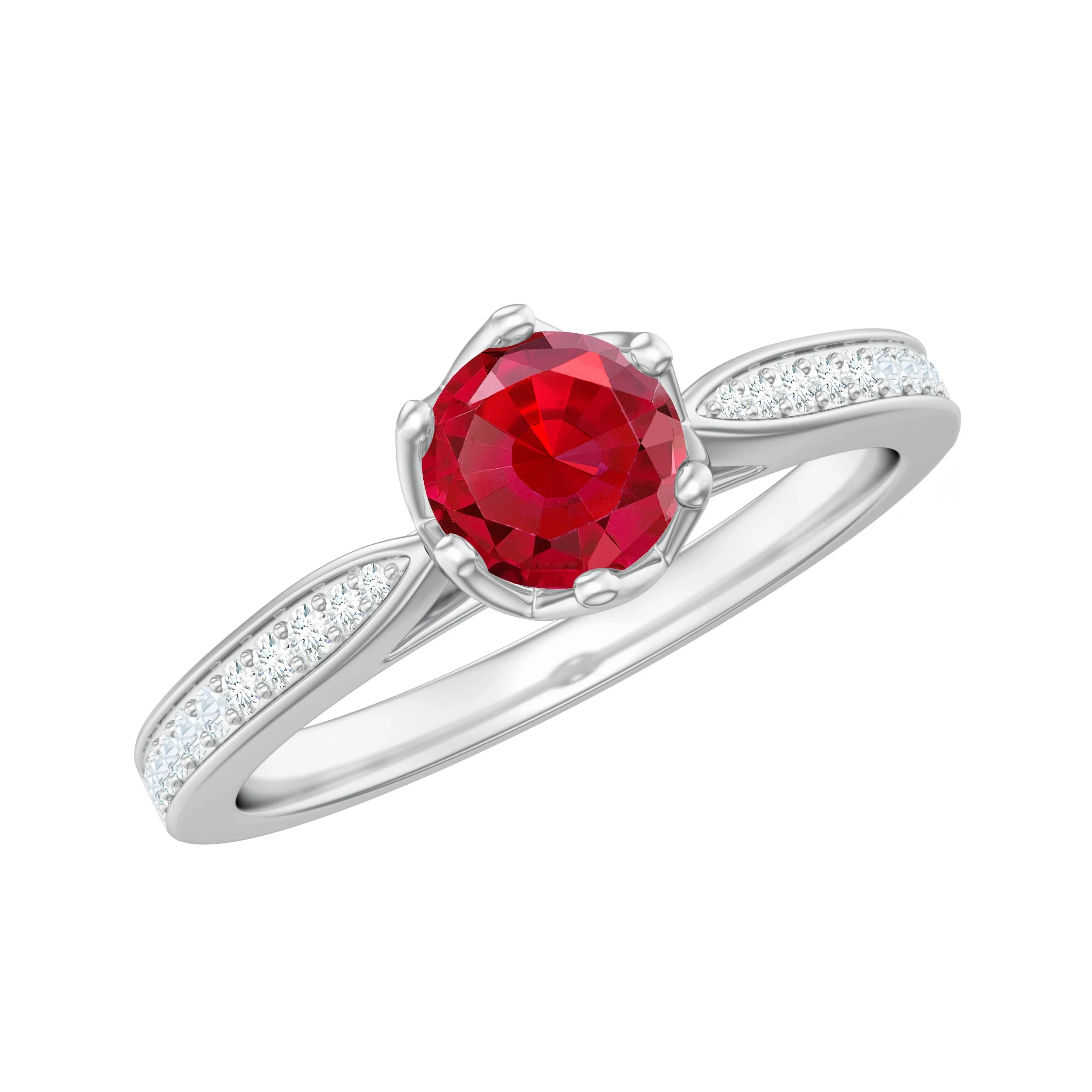 1 CT Round Shape Created Ruby Solitaire Engagement Ring with Diamond