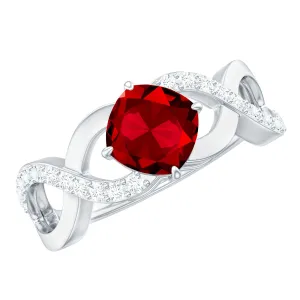 1 CT Solitaire Created Ruby Crossover Engagement Ring with Diamond