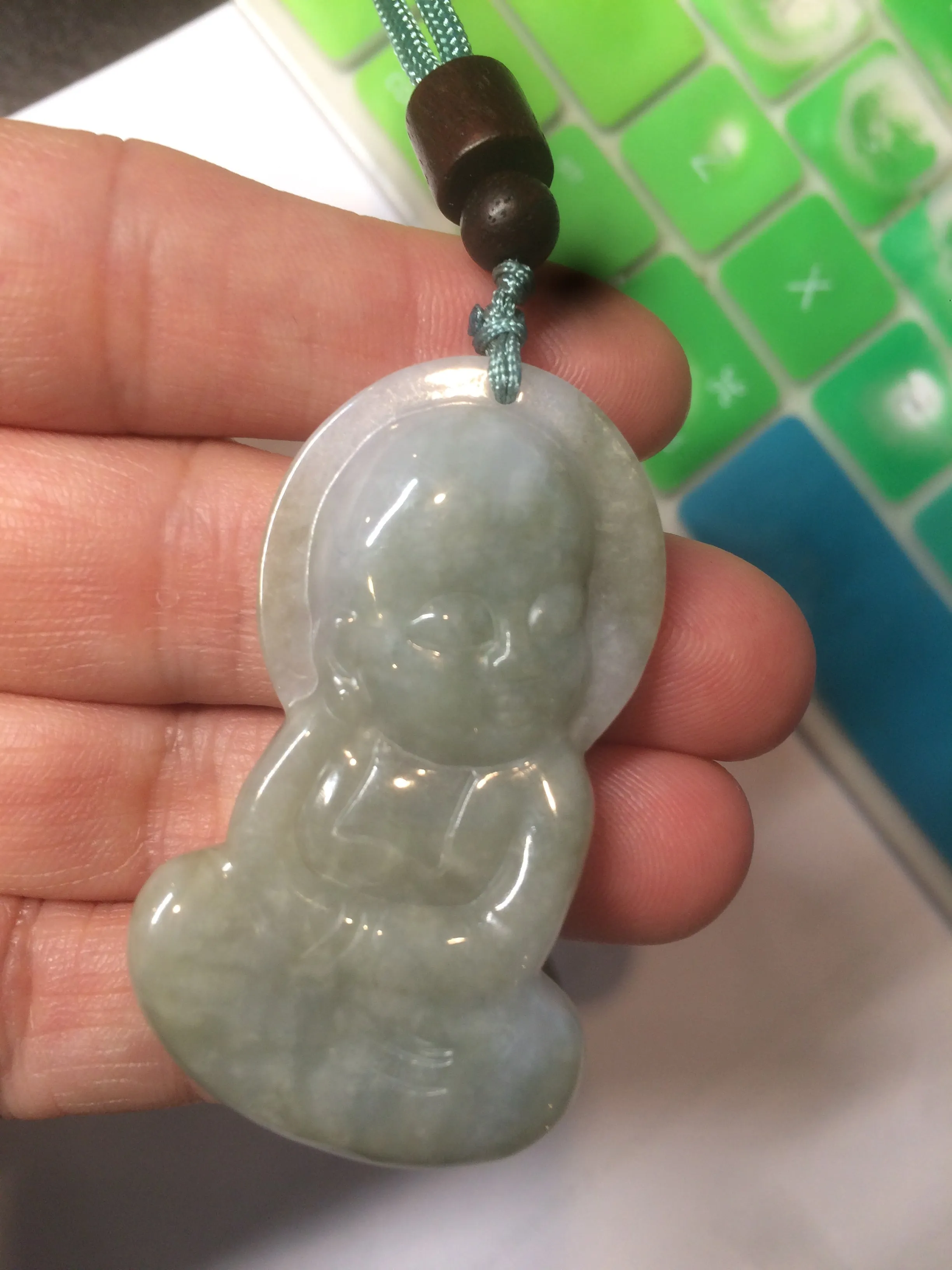 100% Natural light green jadeite Jade meditate baby buddha (宝宝佛) pendant necklace N121