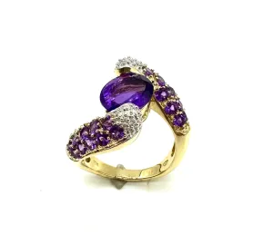 10k Yellow Gold Amethyst and Pavé Diamond Bypass Ring