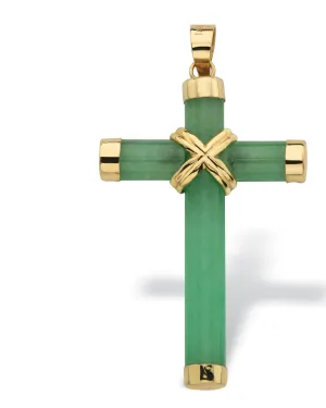 10k Yellow Gold and Genuine Green Jade and Cross Pendant 1.5" | Green