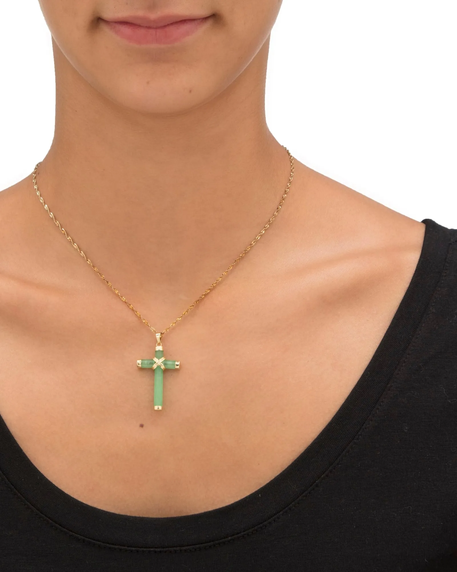 10k Yellow Gold and Genuine Green Jade and Cross Pendant 1.5" | Green