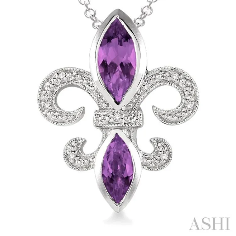 10x5 & 8x4  MM marquise cut Amethyst and 1/50 Ctw Single Cut Diamond Fleur De Lis Pendant in Sterling Silver with Chain