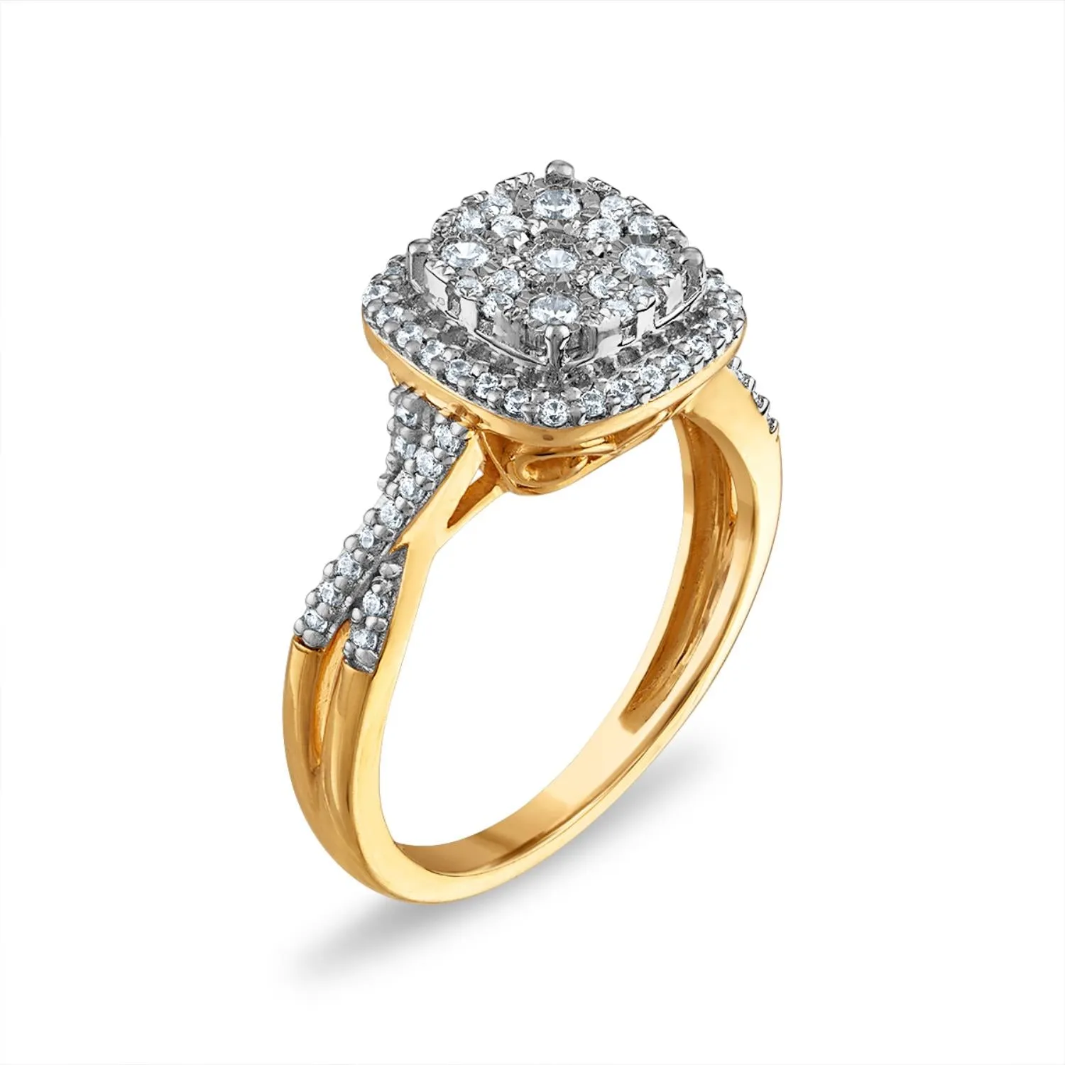 1/2 CTW Diamond Engagement Cluster Halo Cushion Shape Ring in 10KT Yellow Gold