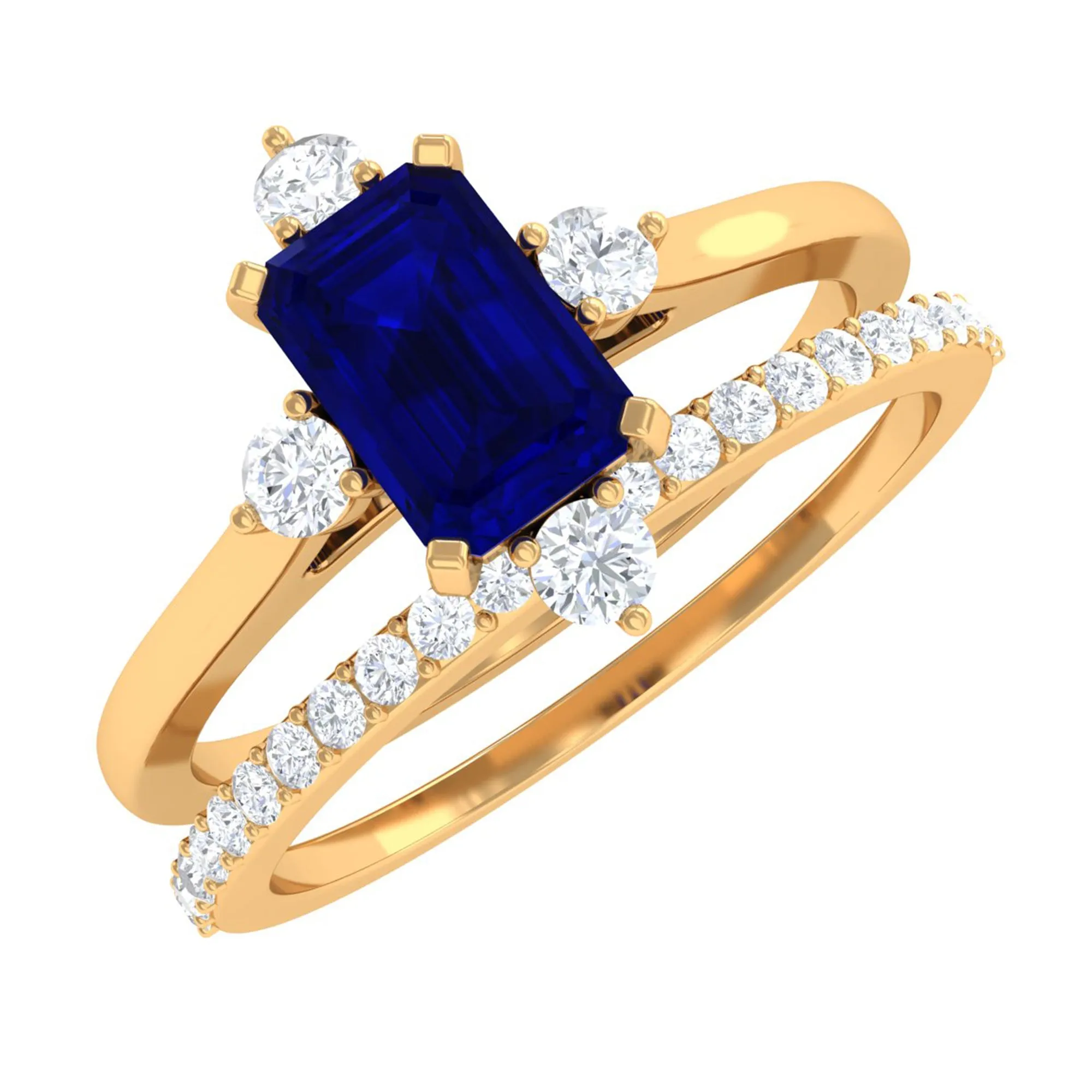 1.25 CT Certified Blue Sapphire Solitaire Ring Set with Diamond Band