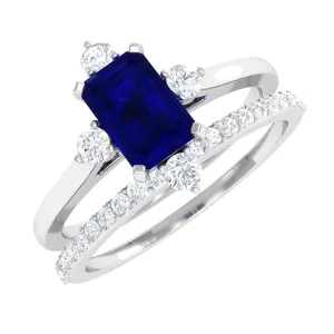 1.25 CT Certified Blue Sapphire Solitaire Ring Set with Diamond Band