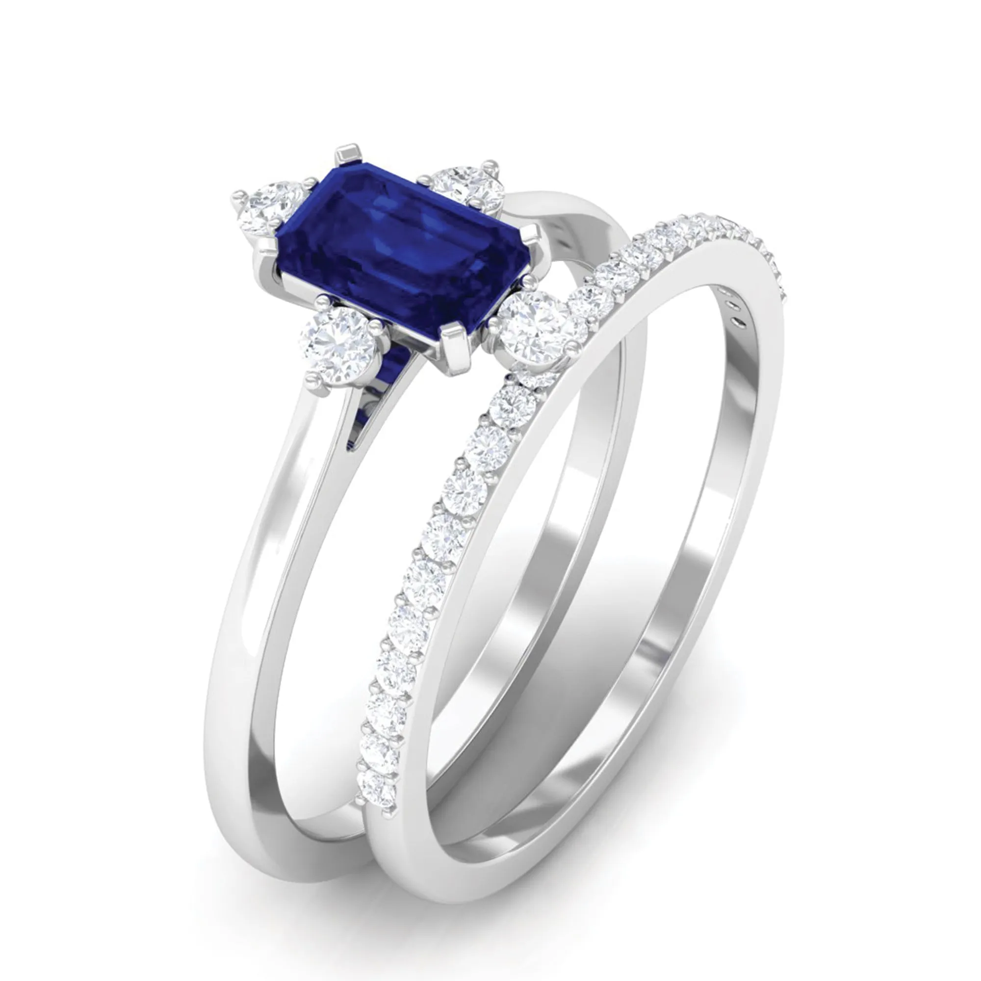 1.25 CT Certified Blue Sapphire Solitaire Ring Set with Diamond Band