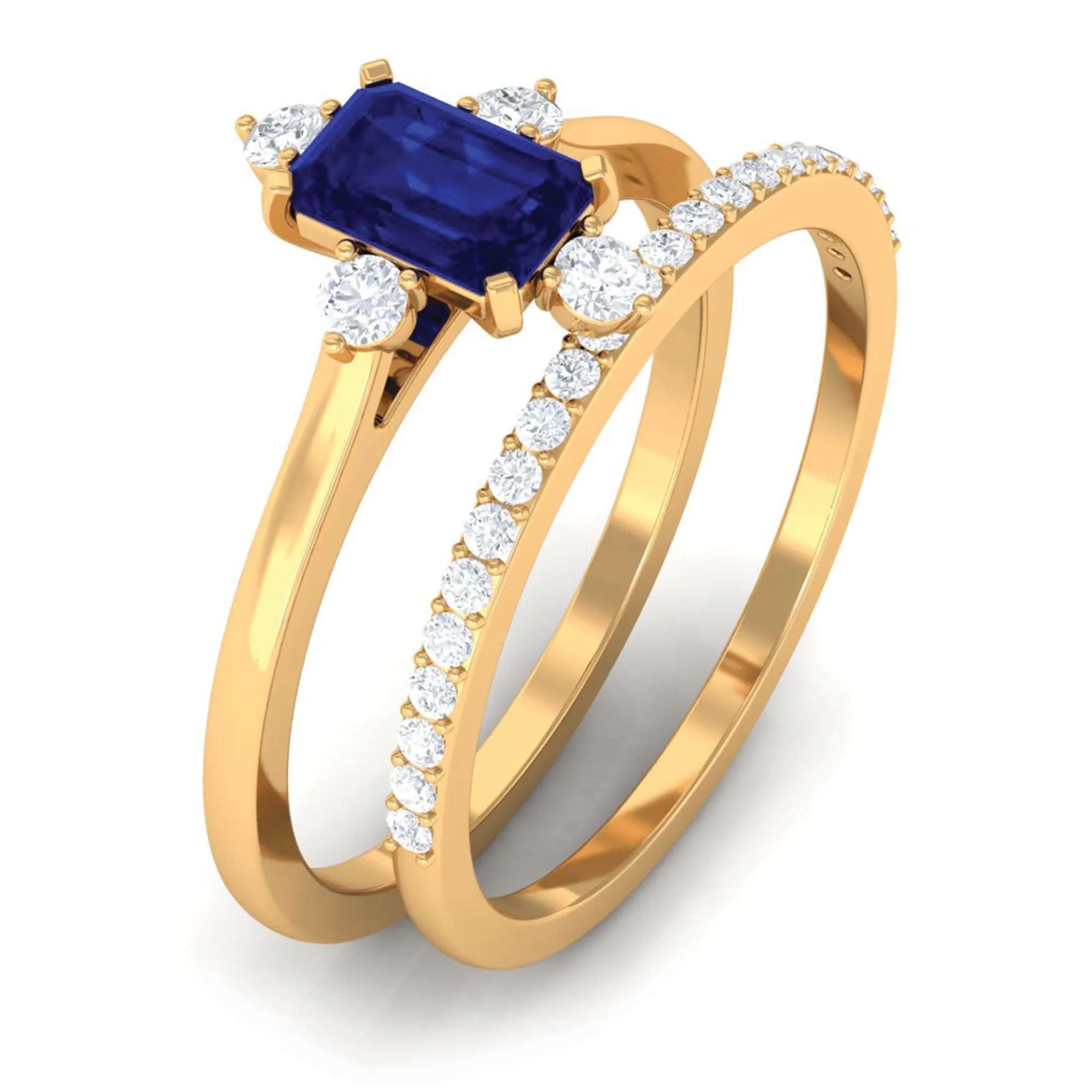 1.25 CT Certified Blue Sapphire Solitaire Ring Set with Diamond Band