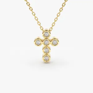 14K Gold 6 Stone Bezel Setting Diamond Cross Necklace