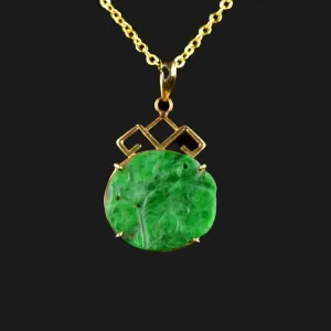 14K Gold Carved Green Jade Fish Pendant Necklace