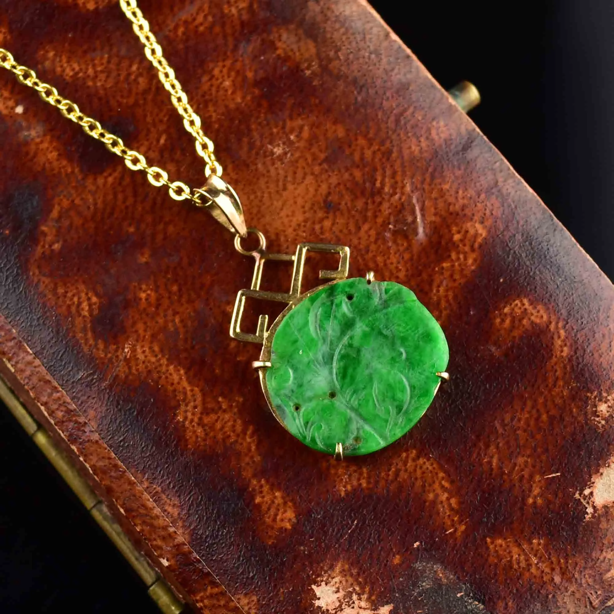 14K Gold Carved Green Jade Fish Pendant Necklace