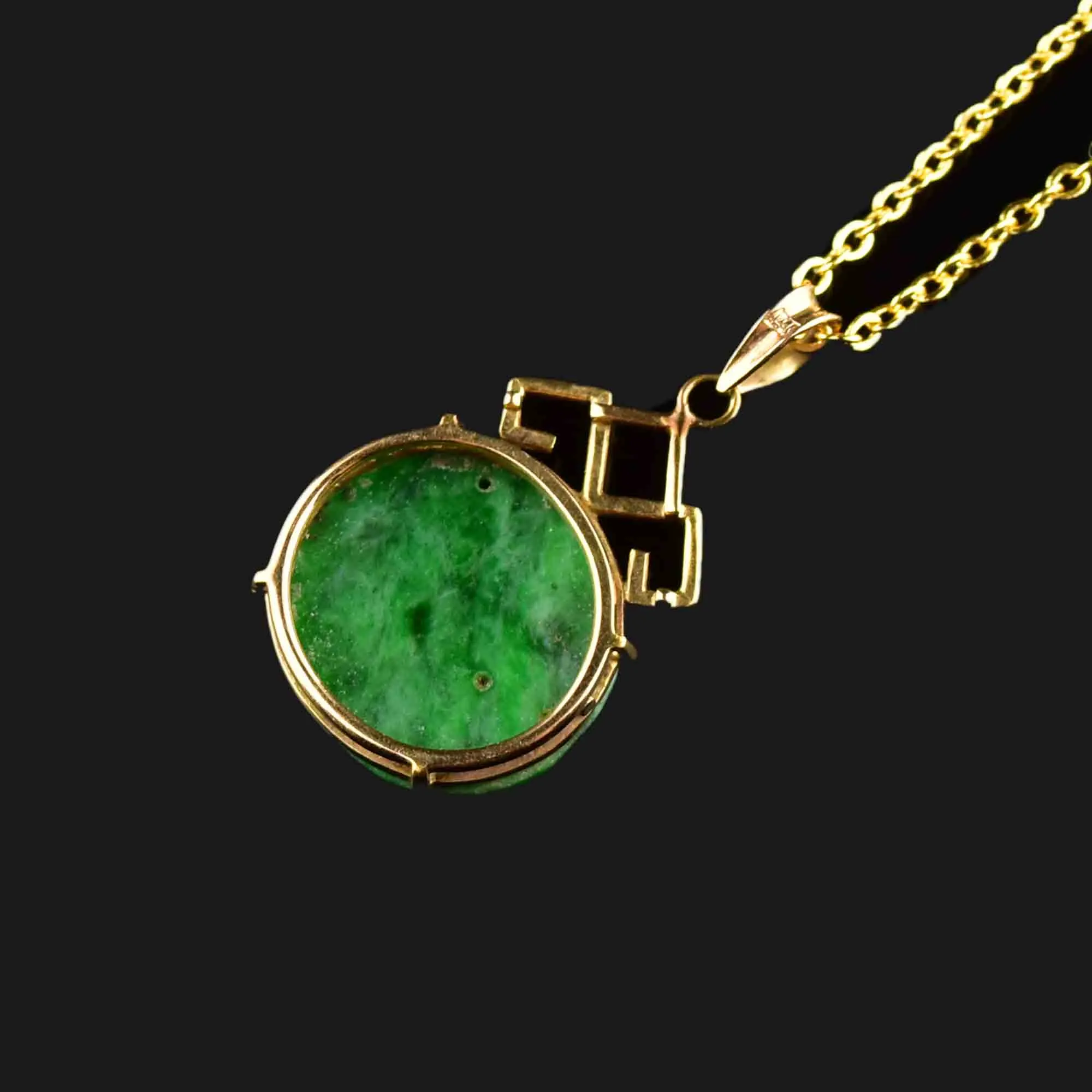 14K Gold Carved Green Jade Fish Pendant Necklace