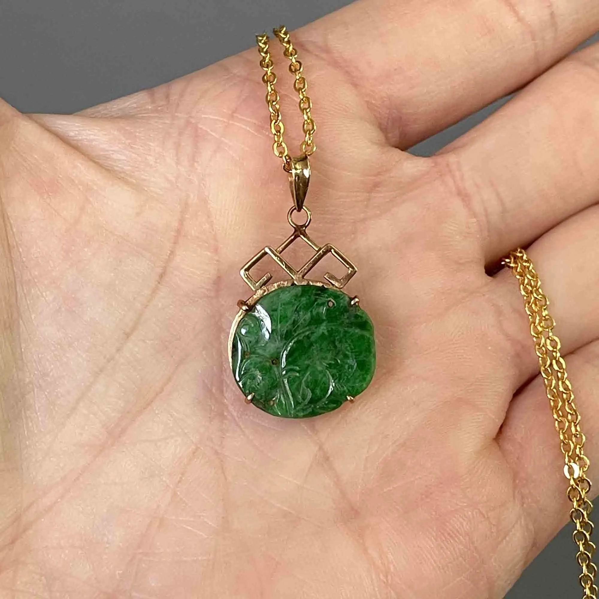 14K Gold Carved Green Jade Fish Pendant Necklace