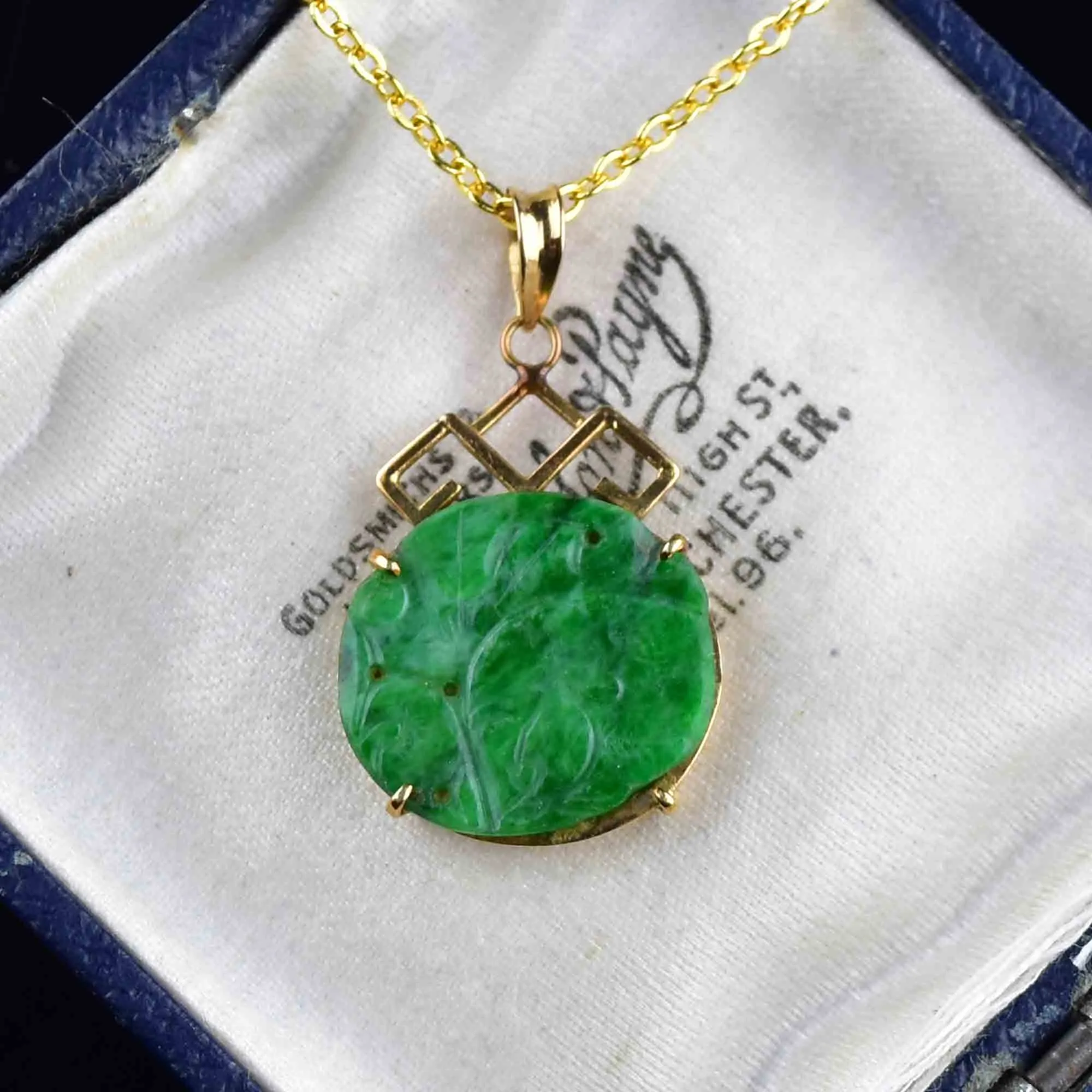 14K Gold Carved Green Jade Fish Pendant Necklace