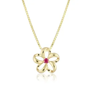 14K Gold Floating Plumeria Ruby Pendant