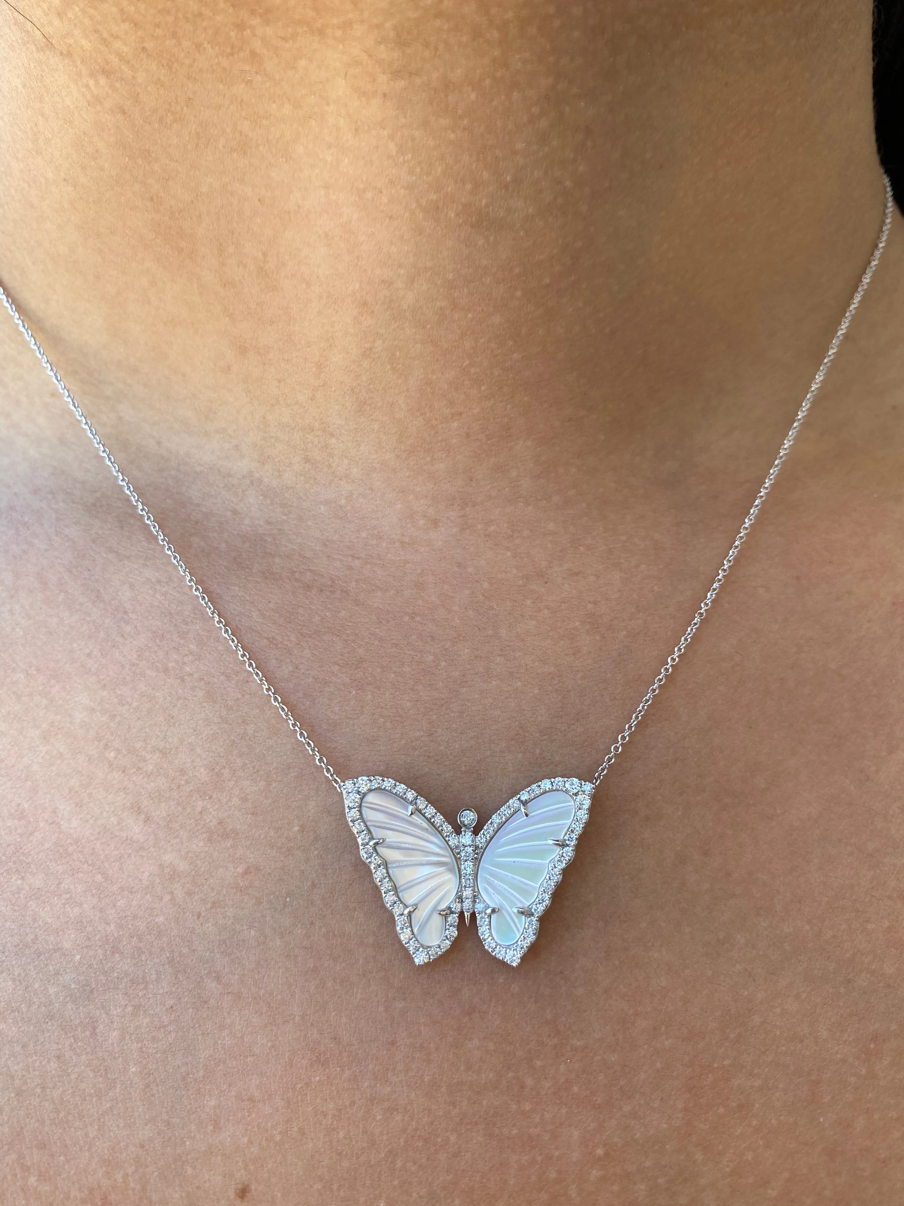 14K Gold Pearl Butterfly Diamond Necklace