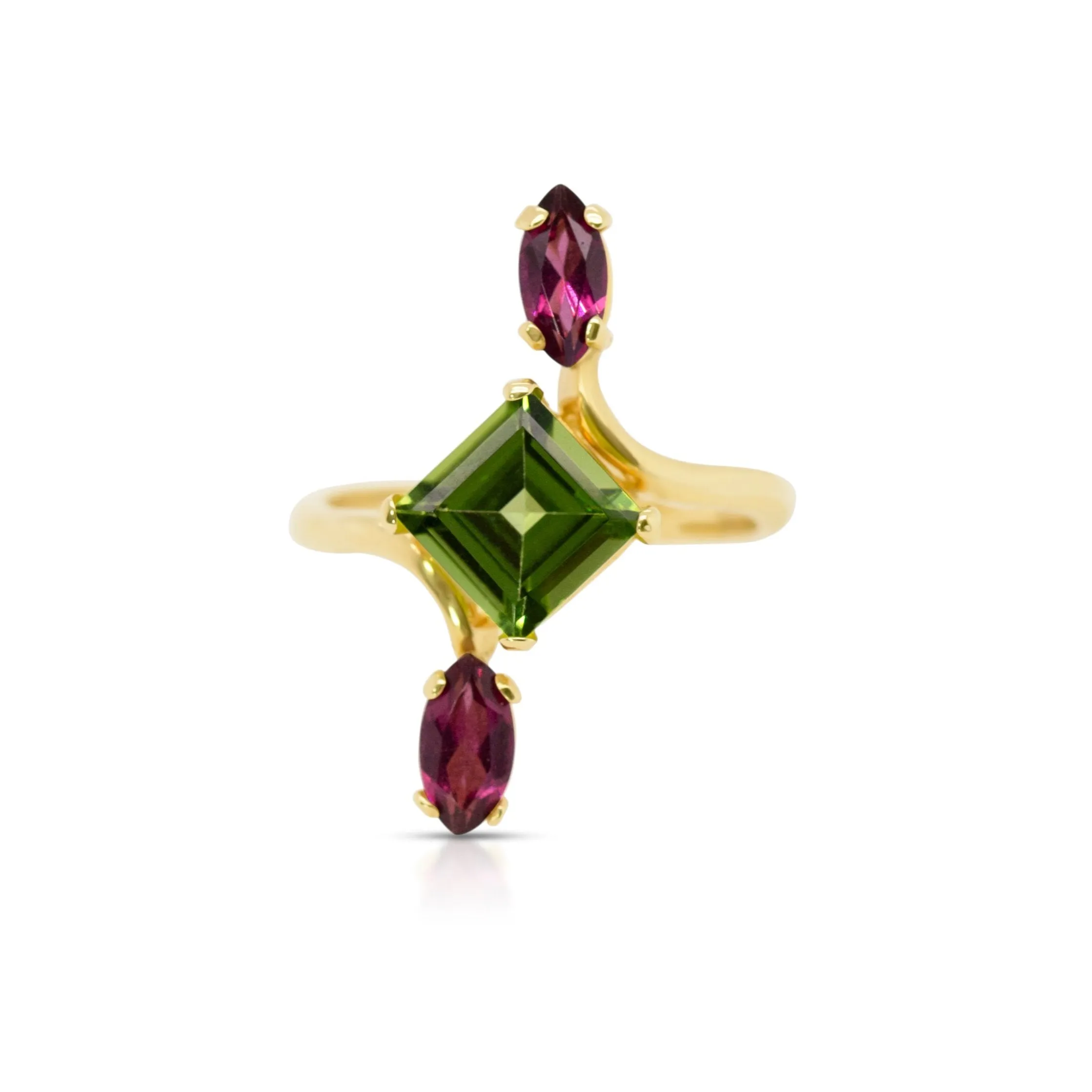 14K Gold, Peridot and Rhodolite Geometric Ring