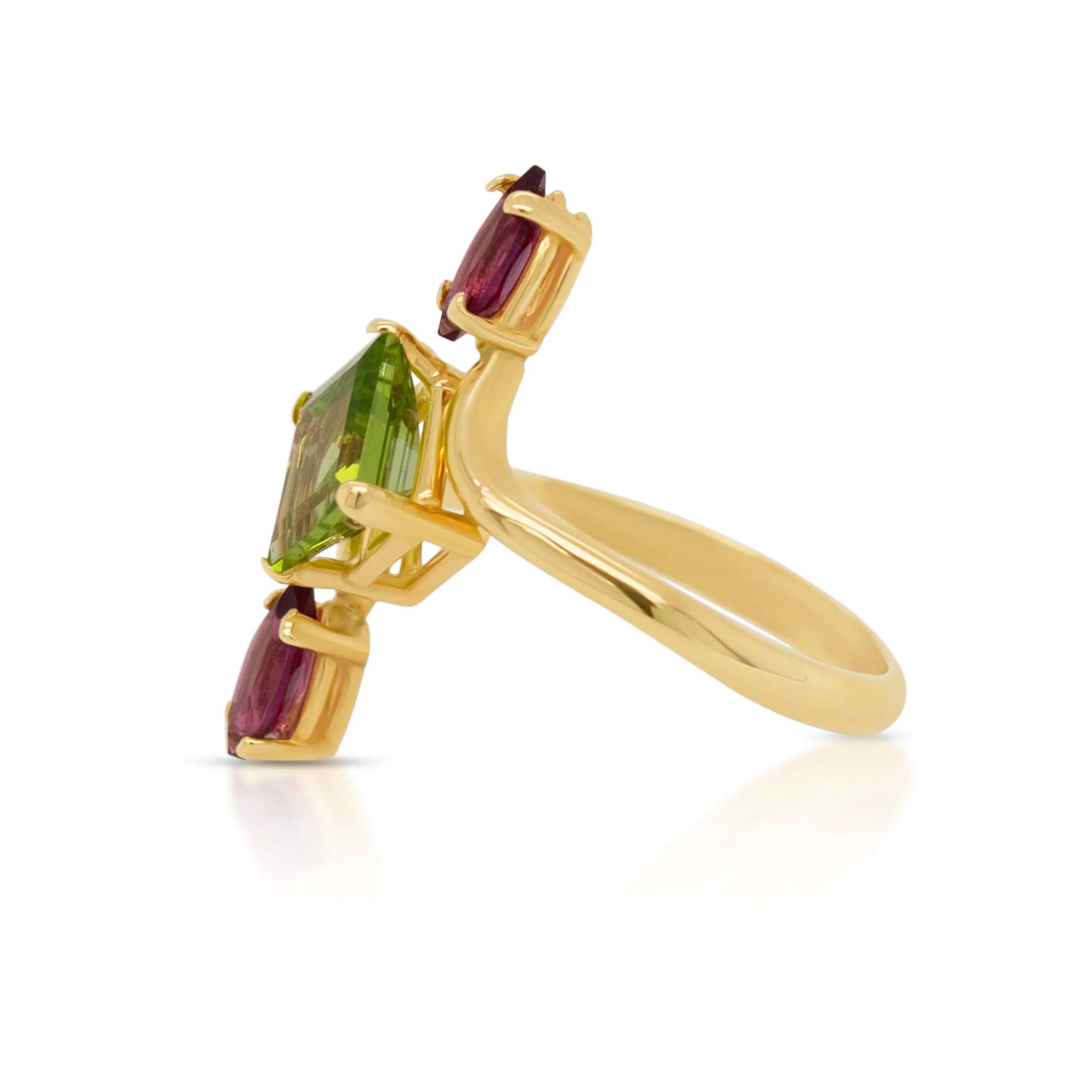 14K Gold, Peridot and Rhodolite Geometric Ring