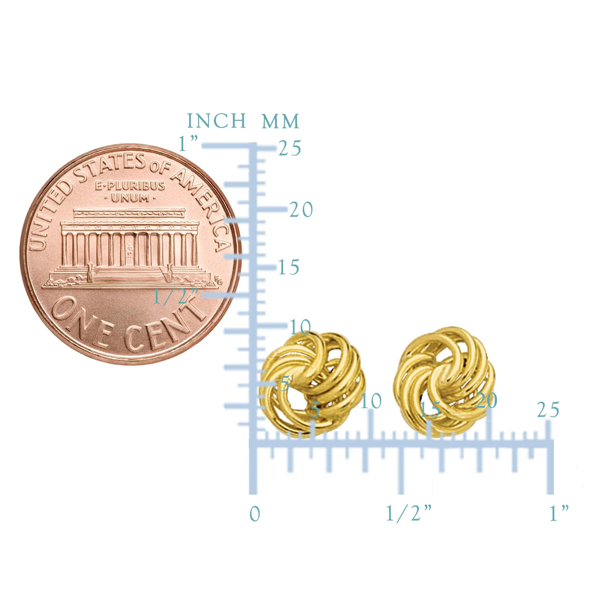 14k Gold Shiny Textured 4 Row Love Knot Stud Earrings, 10mm