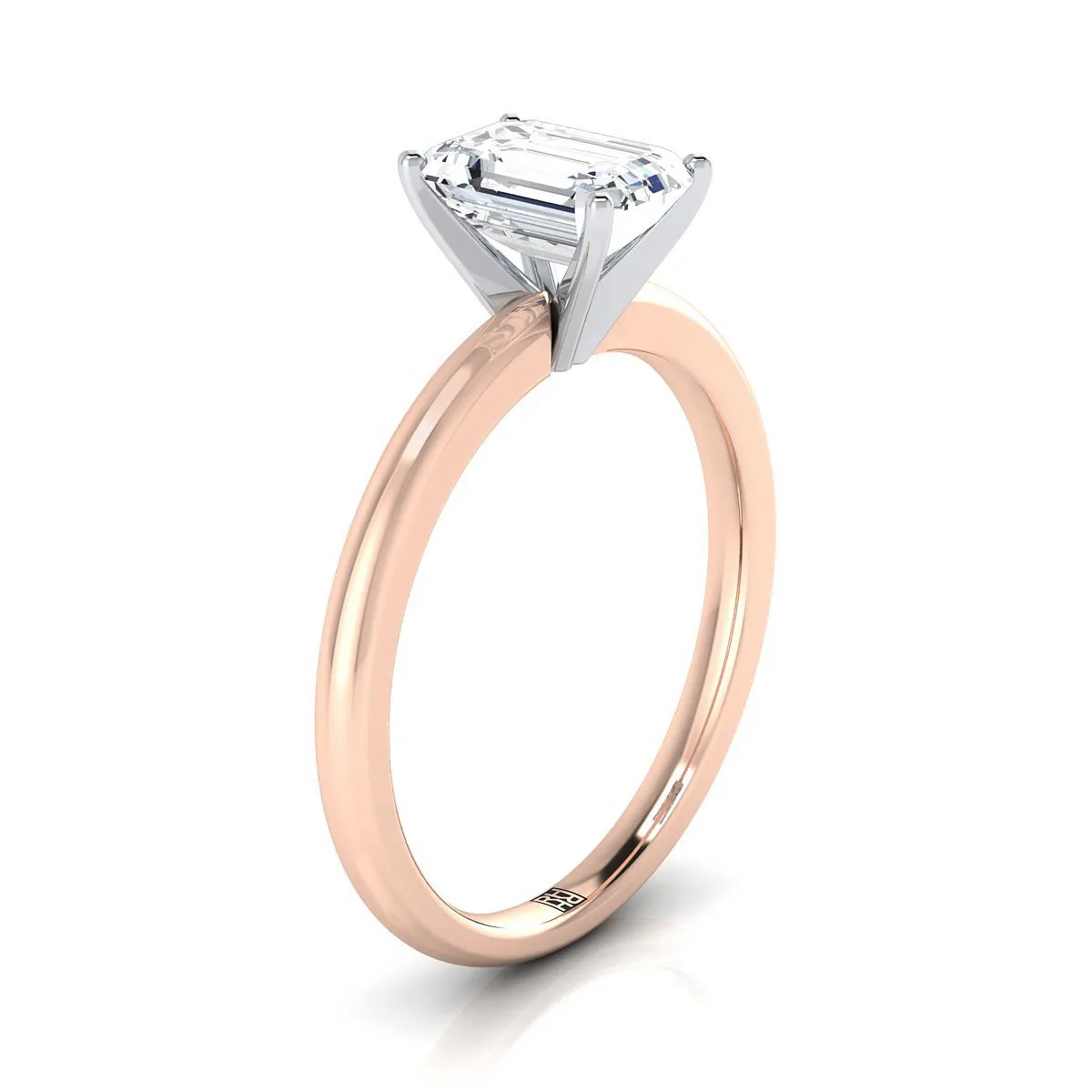 14K Rose Gold Emerald Cut  Round Comfort Fit Claw Prong Solitaire Engagement Ring