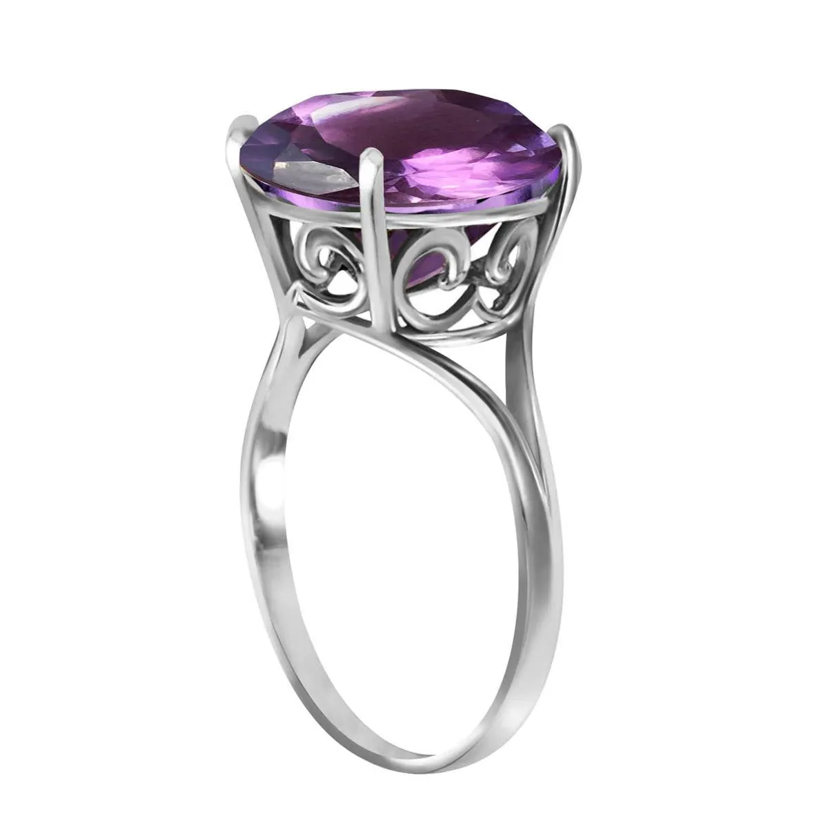 14K Solid White Gold Ring Natural 12 mm Round Amethyst Certified