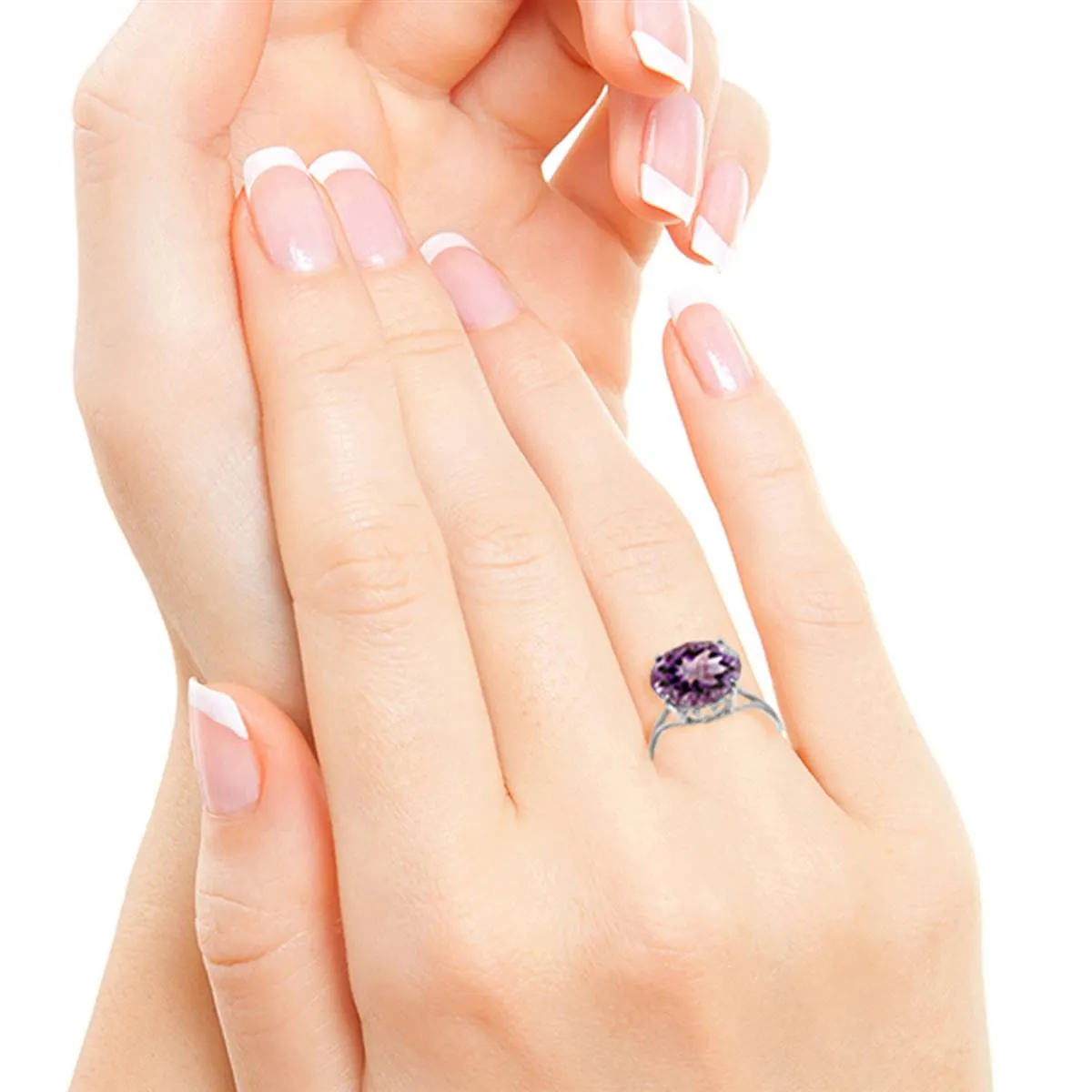 14K Solid White Gold Ring Natural 12 mm Round Amethyst Certified