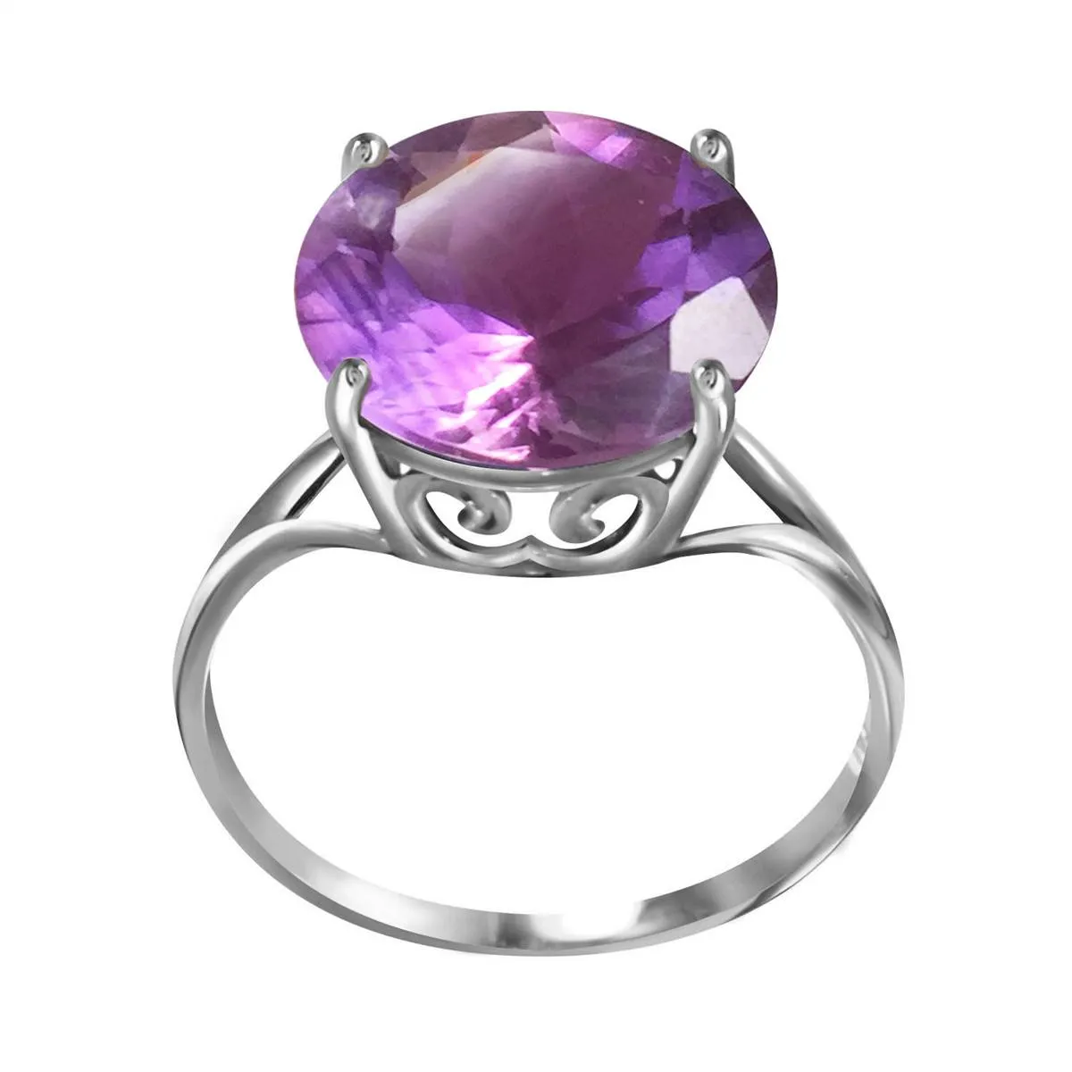 14K Solid White Gold Ring Natural 12 mm Round Amethyst Certified