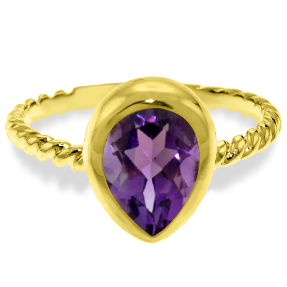 14K Solid Yellow Gold Rings w/ Natural Pear Shape Amethyst