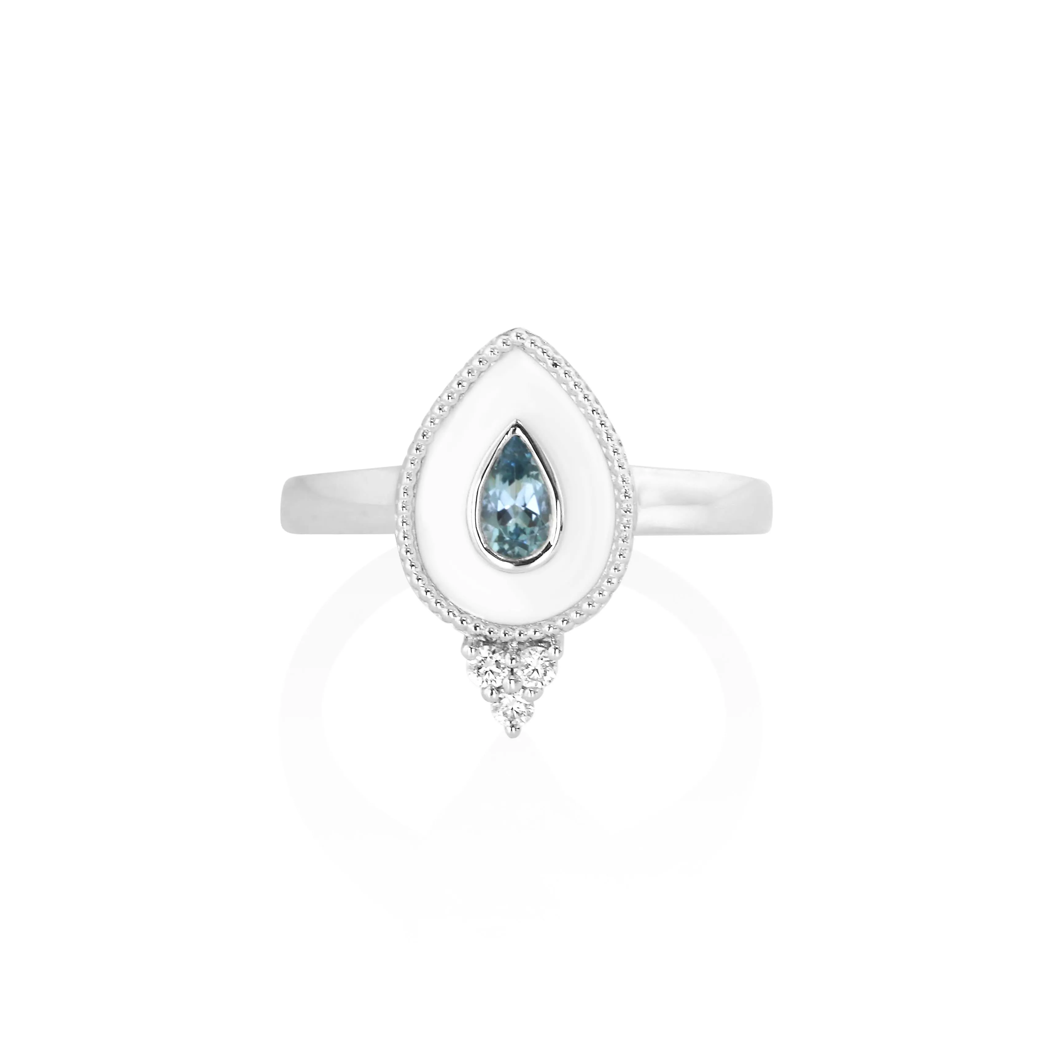 14K White Contemporary White Enamel, Aquamarine and Natural Diamond Ring Size 6.5