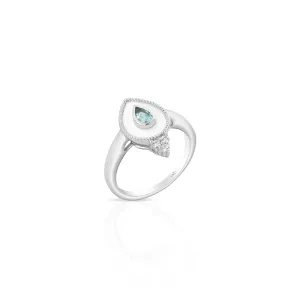 14K White Contemporary White Enamel, Aquamarine and Natural Diamond Ring Size 6.5