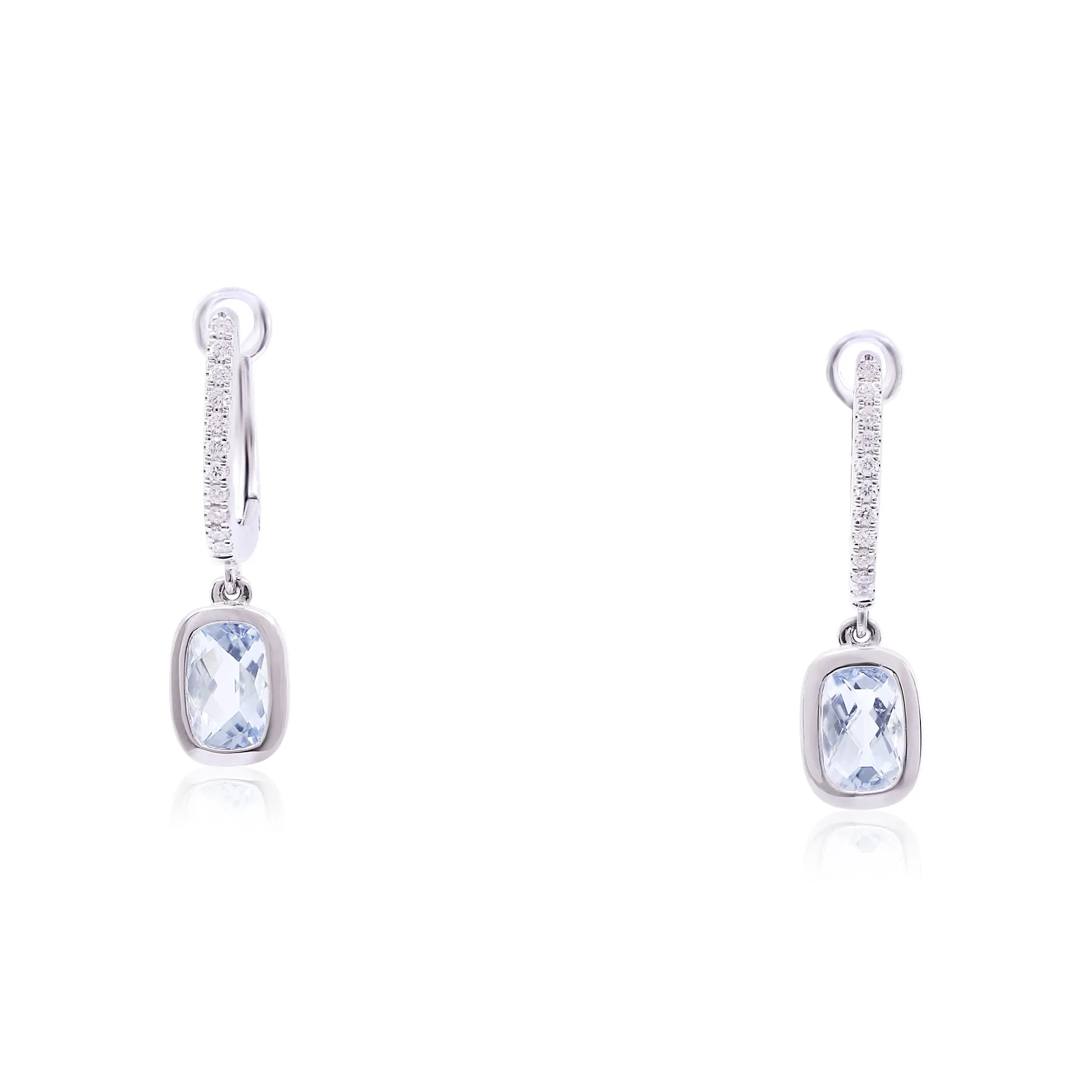 14K WHITE GOLD DIAMOND U-HOOP CUSHION-CUT AQUAMARINE DROP EARRINGS